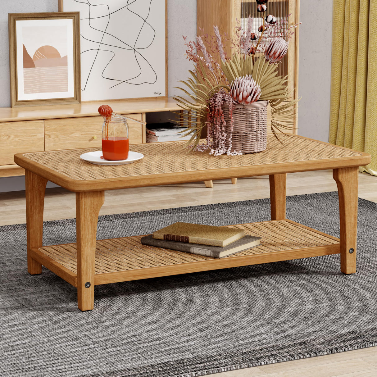 Yongchuang Rattan Rectangle Coffee Table Boho Wood Tea Table 44" Mid Century Modern 2-Tier Center Table for Living Room Office