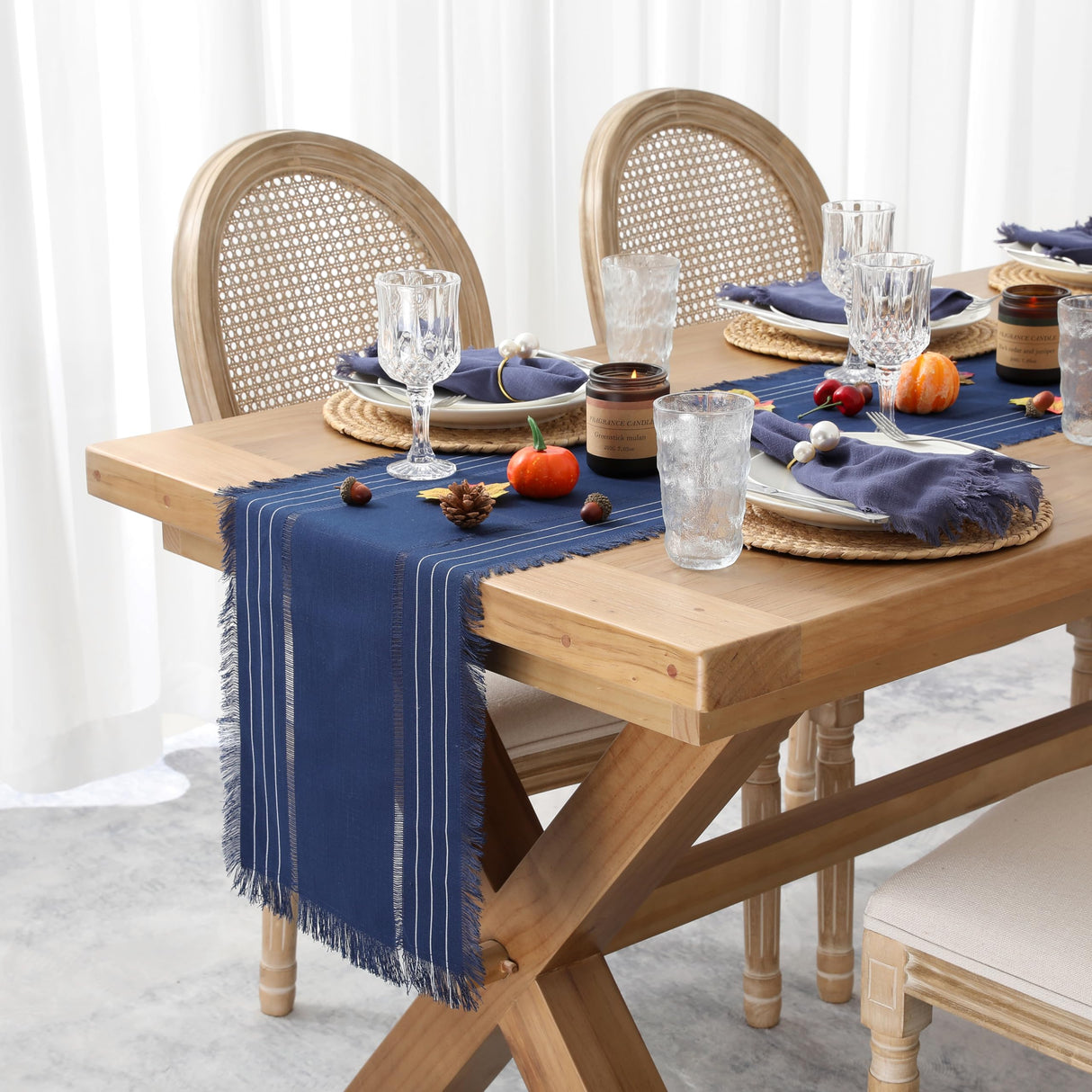 Chassic Farmhouse Style Table Runners, Rustic Boho 48 inches Long Table Runner for Dining Room,Holiday, Party and Wedding Tabletops Decor, 14 x 48 inch - Navy Blue Chassic