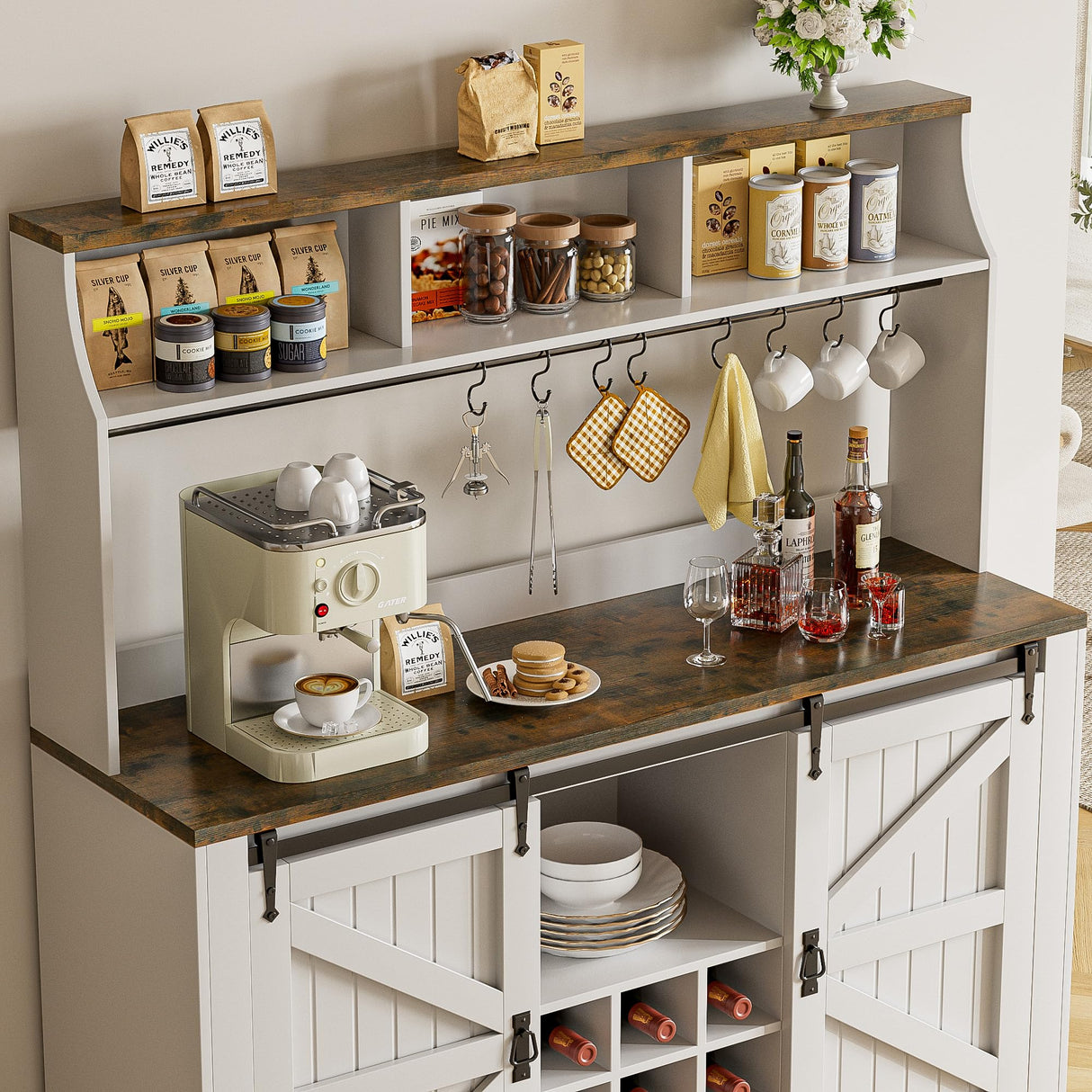 SYESWAY 57" Coffee Bar, Farmhouse Coffee Bar Cabinet with 3-Tier Storage, Tall Buffet Kitchen Hutch Cabinet with 8 Hooks & 9 Wine Racks, Wine Bar Cabinet for Home, Living Room, White SYESWAY