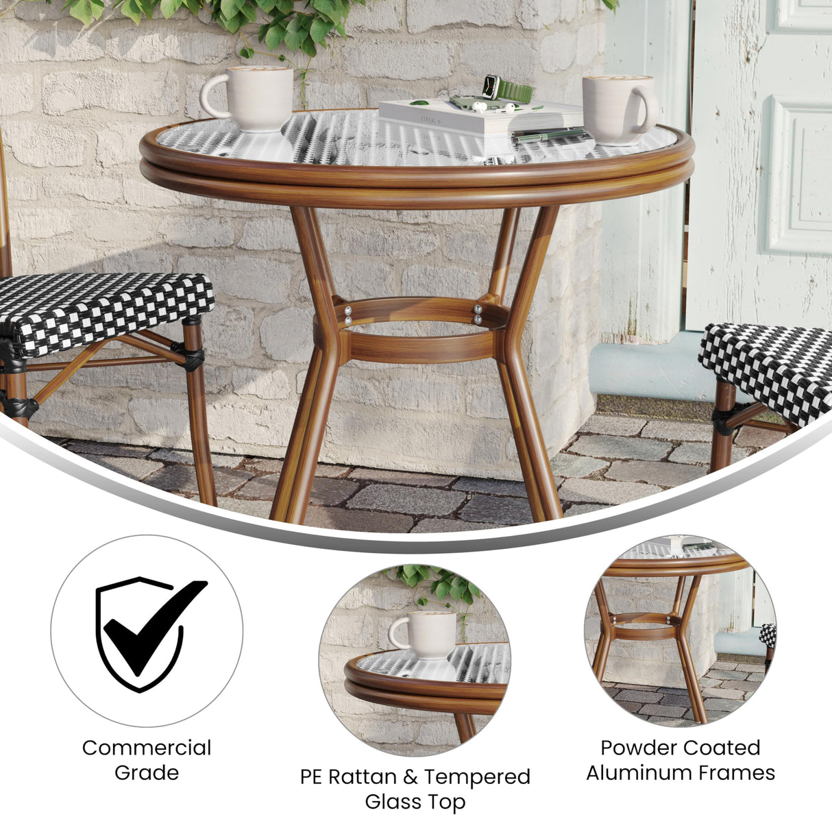 Flash Furniture Lourdes Indoor/Outdoor Commercial French Bistro Table, PE, Glass Top, Bamboo Print Aluminum, 31.5" Round, Black & White Rattan/Natural Frame Flash Furniture