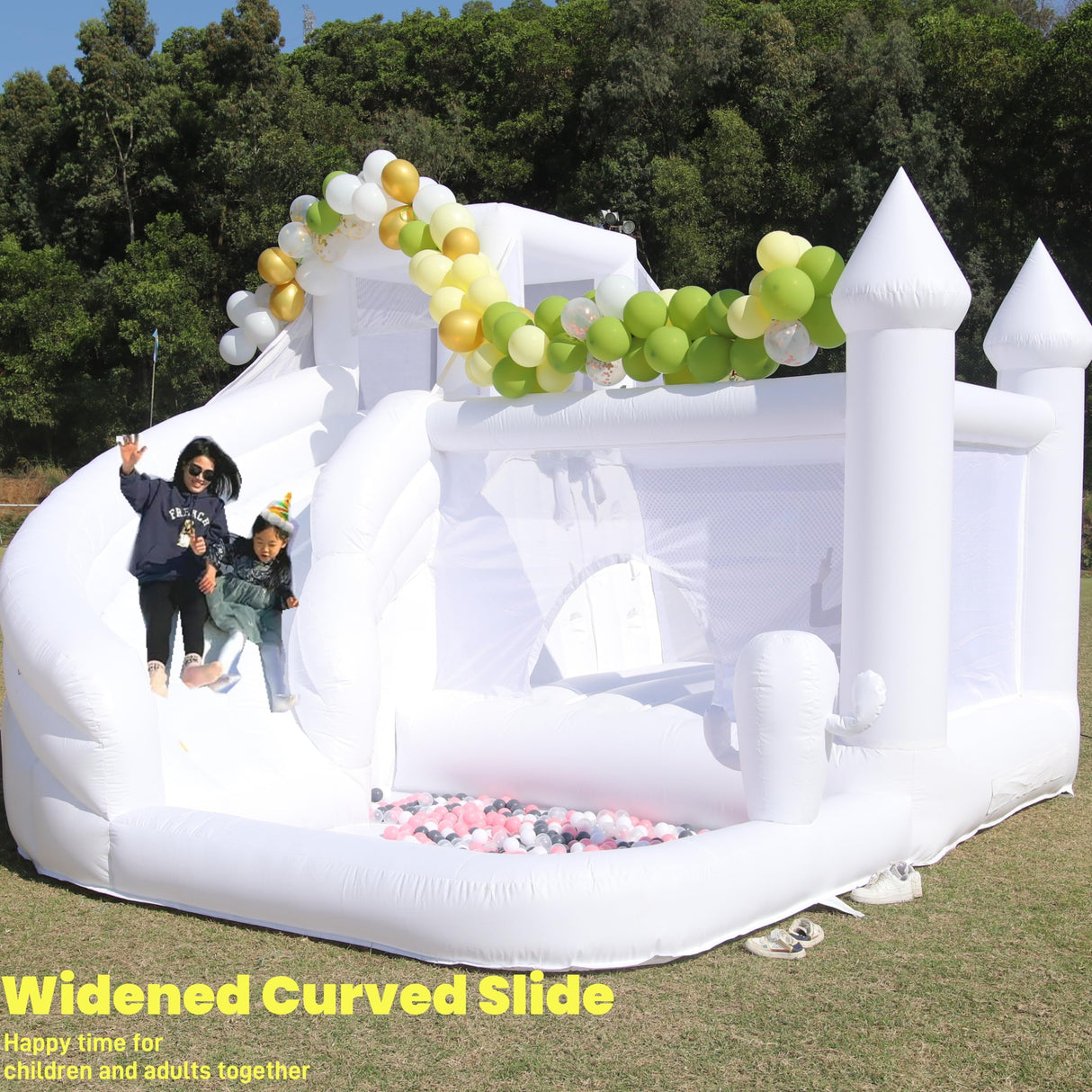 White Bounce House for Adult Kids, 16FT Large Commercial PVC Bounce House Castle w/Widened Curved Slide & Big Ball Pit, 1100w Blower, 16x14x10.5ft Inflantteble