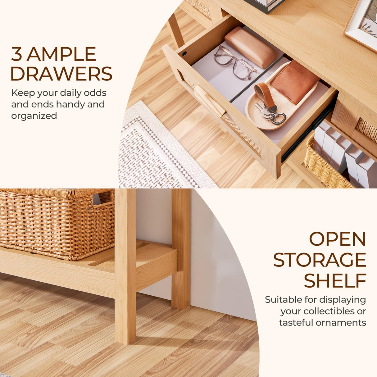 Yaheetech Rattan Console Table, Boho Entryway Table with Storage Drawers and Shelf, Long Hallway Table Foyer Table Sofa Table for Living Room, Corridor and Hallway, Natural Wood Yaheetech