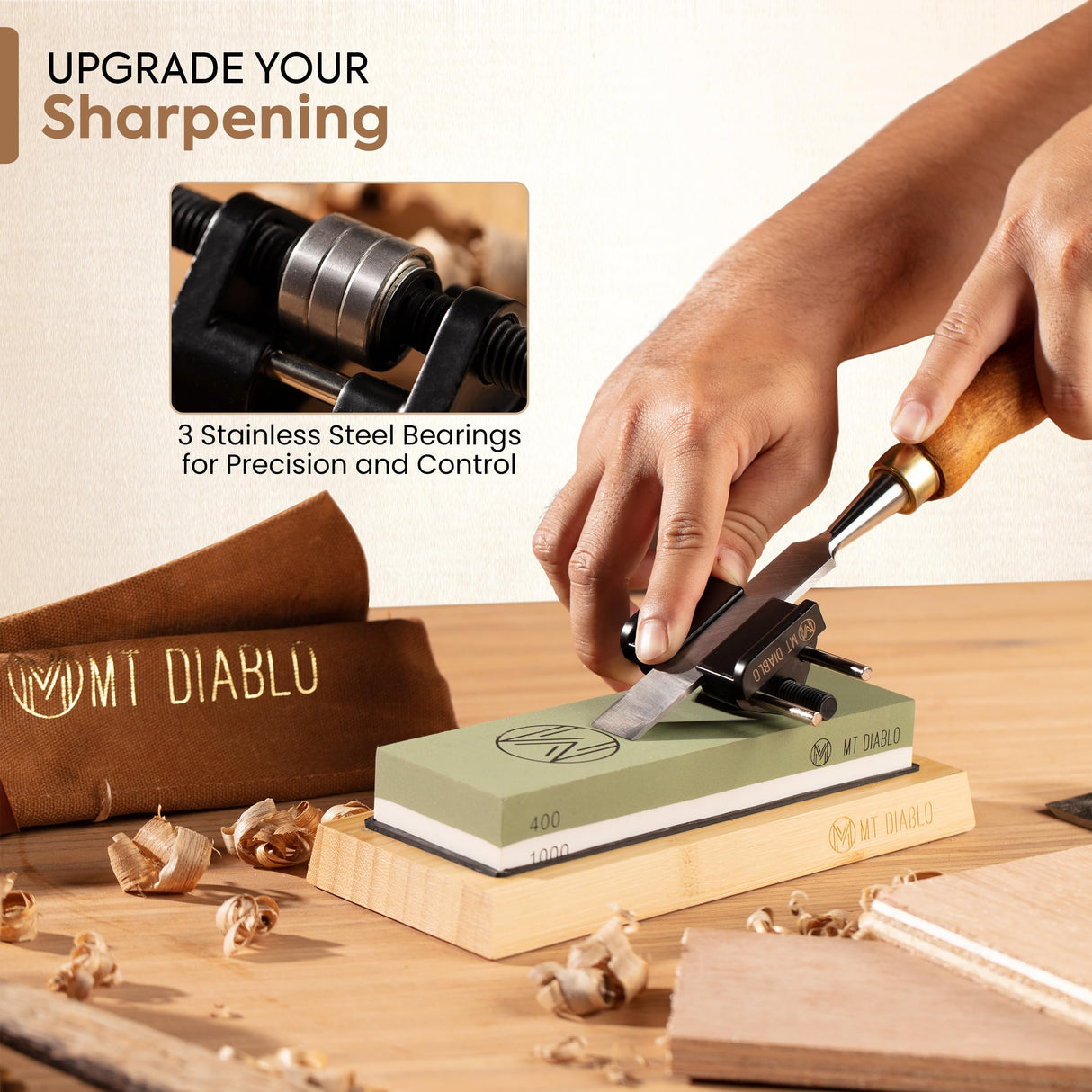 Mt Diablo Chisel Sharpening Kit - Precision Honing Guide for 1/4" to 2" Chisels & 1-3/8" to 3-1/8" Plane Irons, Sharpening Jig With Stainless Steel Rollers, Rust Resistant Cast Aluminum Design Mt Diablo