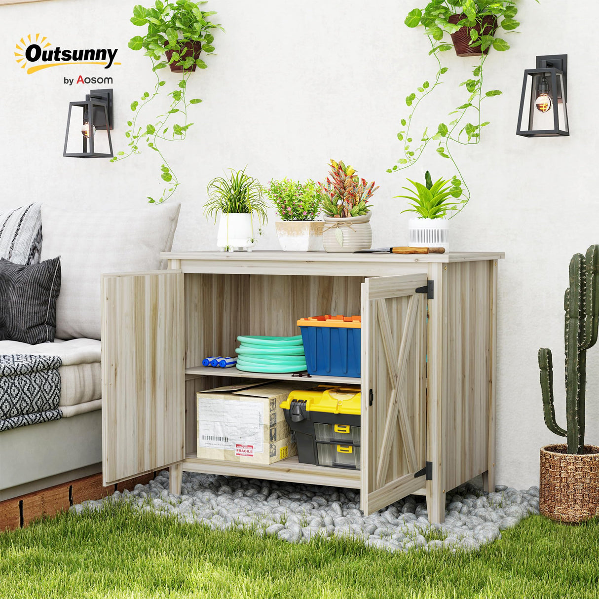 Outsunny Wood Garden Shed, Compact Outdoor Storage Cabinet Potting Shed with Inner Shelf and Double Doors for Backyard, Patio, Lawn, Natural Wood Outsunny