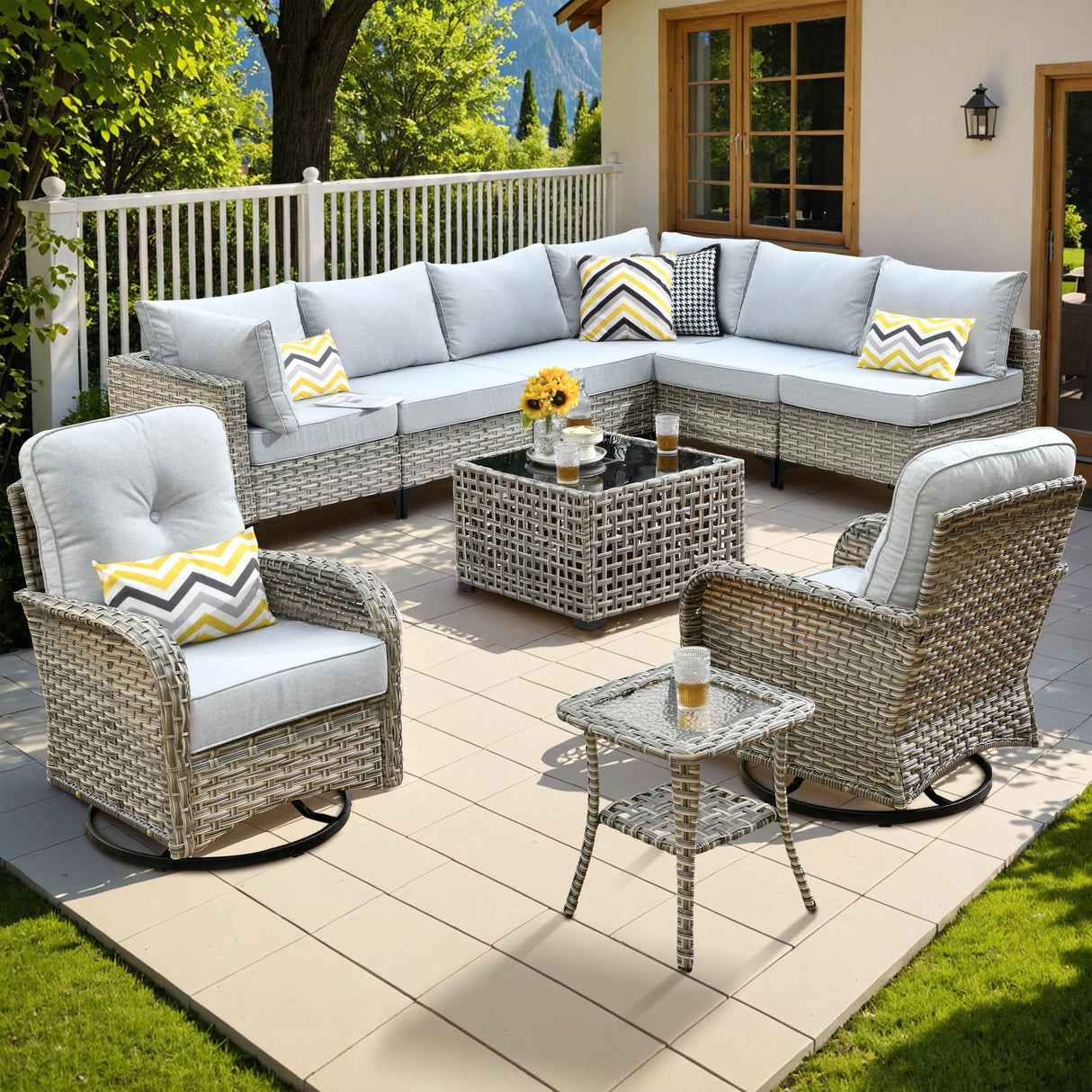 Outdoor Sectional Patio Furniture Set with Swivel Rocking Chairs,10 Pieces Wicker Conversation Sets L Shaped Couch Out Door Sofa Set Outside Furniture for Garden Deck Yard Porch,Grey POUUIN