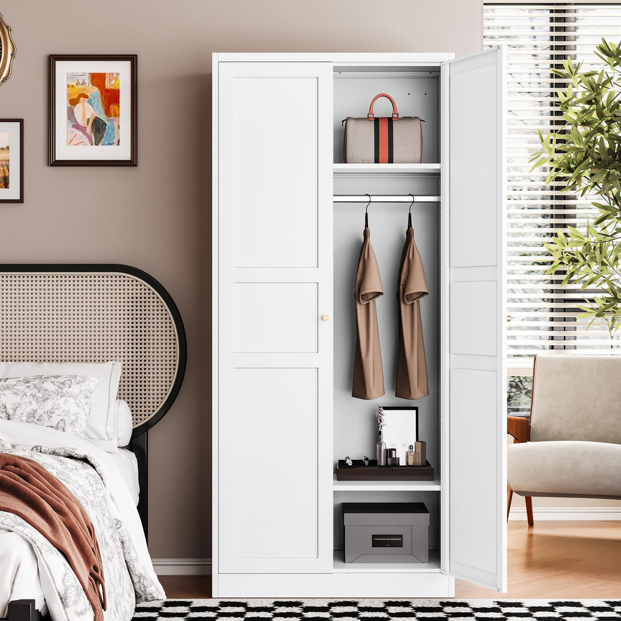 Letaya Wardrobe Armoire Closet,72" H Metal Storage Cabinet with Adjustable Shelves and Hanging Rod,Bedroom Armoire Cabinet Clothes Organizer (White) Letaya