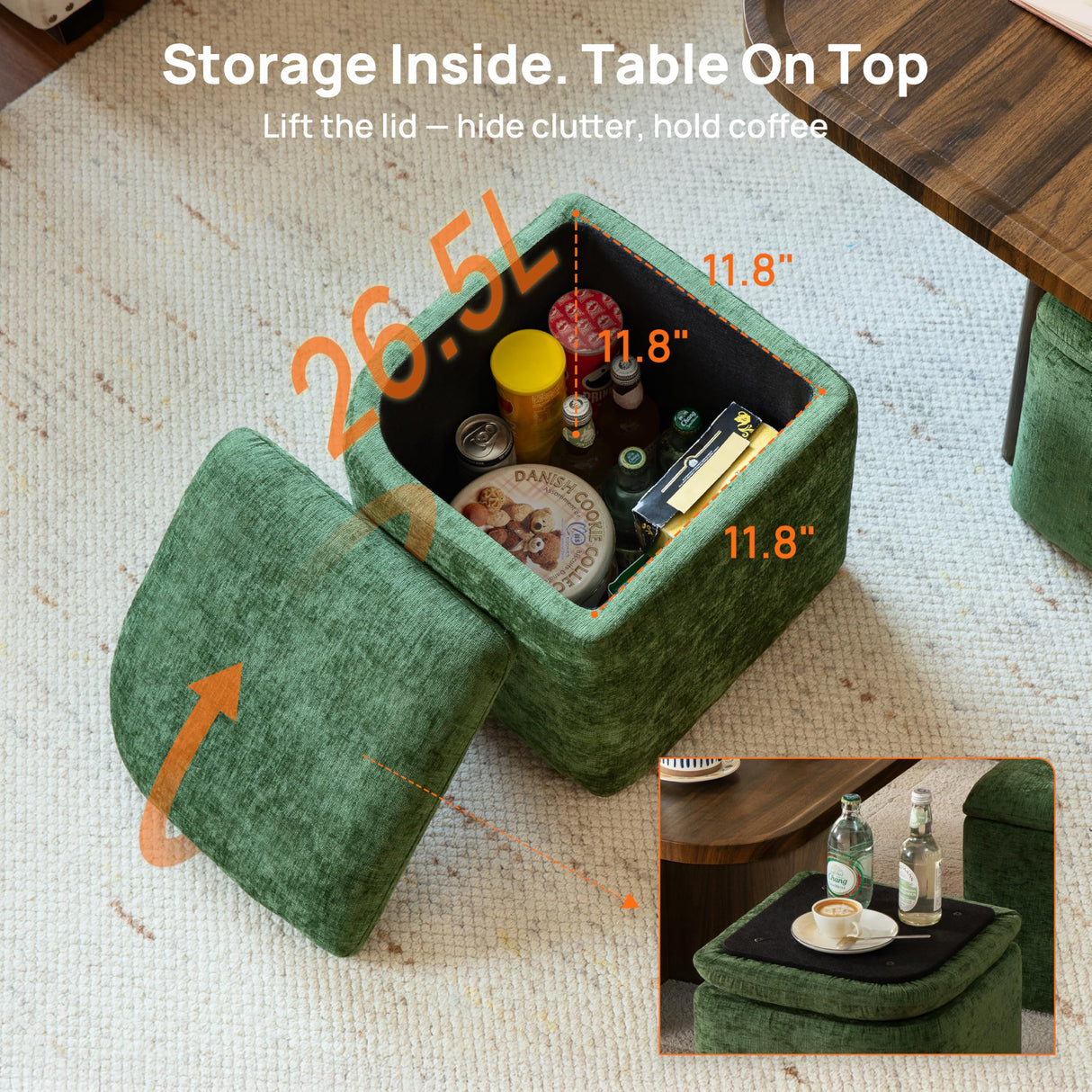 CHIC HOUSE Small Square Coffee Table with Storage, Mid-Century Modern Coffee Tables with 4 Chenille Ottomans Underneath, Center Table for Living Room, Apartment Small Space, Walnut CHIC HOUSE