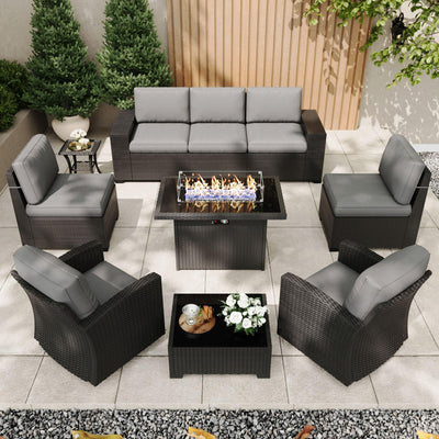 KHOLH Patio Furniture Set with Fire Pit Table, 10 Pieces Outdoor All-Weather Wicker Conversation Sectional Chair Sofa Set with 2 Swivel Chairs