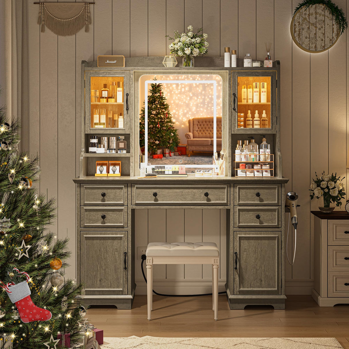 EnHomee Farmhouse Vanity Desk with LED Lighted Mirror, Makeup Vanity Table with RGB Cabinets and Lots Storage, 5 Drawers and 6 Storage Shelves for Bedroom and Dressing Room, Dark Oak EnHomee