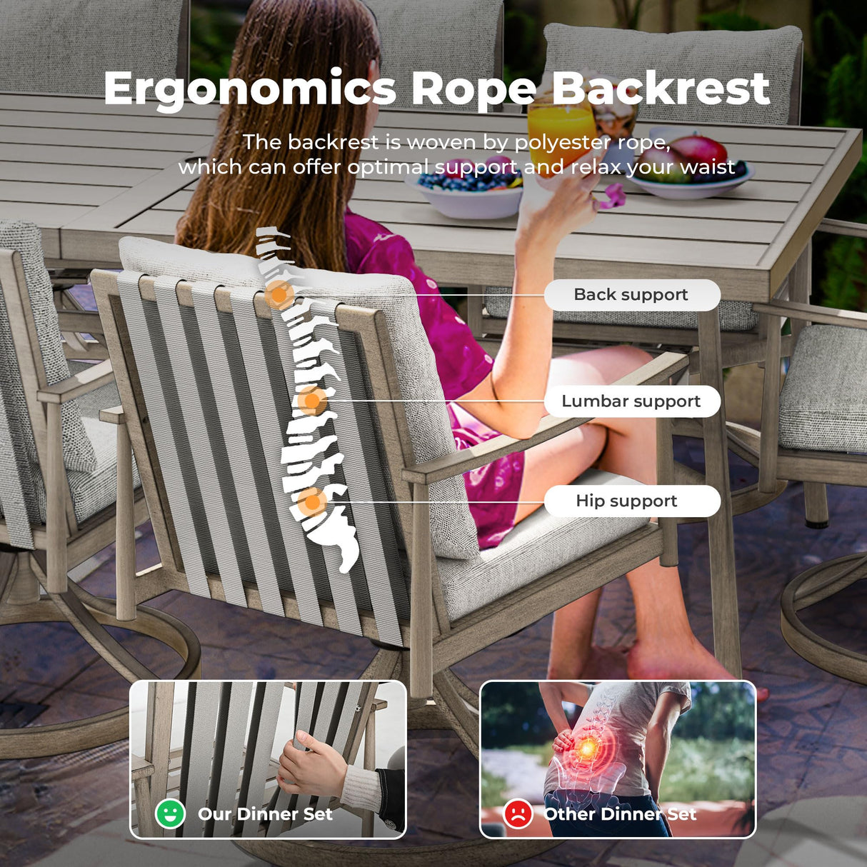 HAPPATIO 9-Piece Patio Table and Chairs Set for 8, Aluminum Outdoor Dining Set with Cushions, 8 Swivel Dining Chairs, 1 Large Rectangular Table with Umbrella Hole for Lawn, Porch, Backyard, Grey HAPPATIO