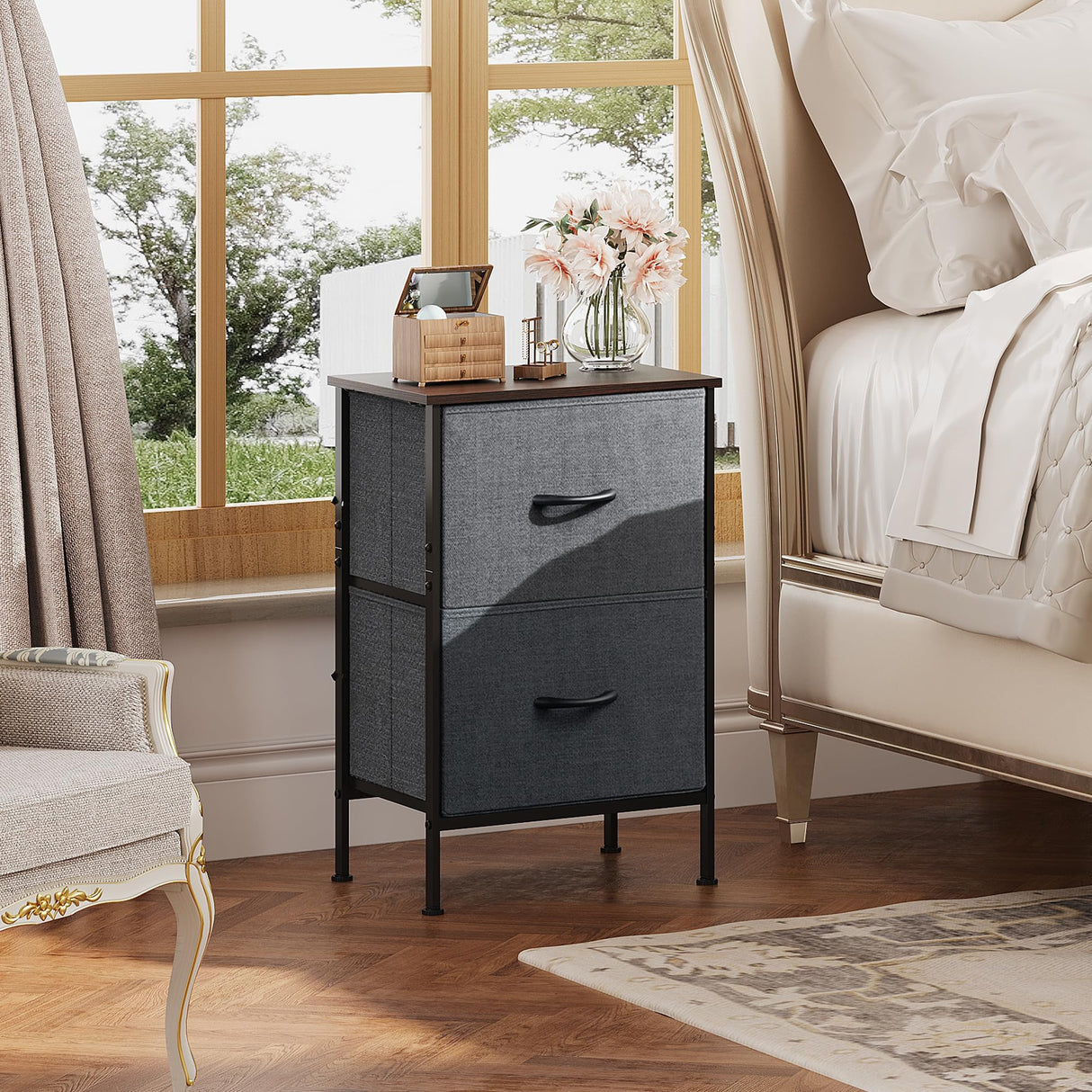 WLIVE Night Stand Set 2, Dresser and Nightstand Sets, Small Dresser for Bedroom with 2 Drawers, End Table with Fabric Bins for Closet, Bedside Furniture, College Dorm, Dark Grey WLIVE