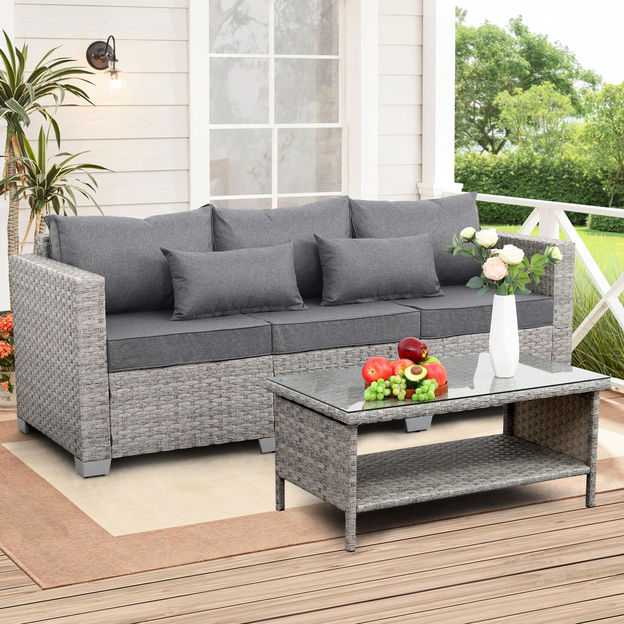 WAROOM Outdoor PE Wicker Coffee Table - Patio Rattan Garden Side End Tea Table with Glass Top Furniture, Grey WAROOM