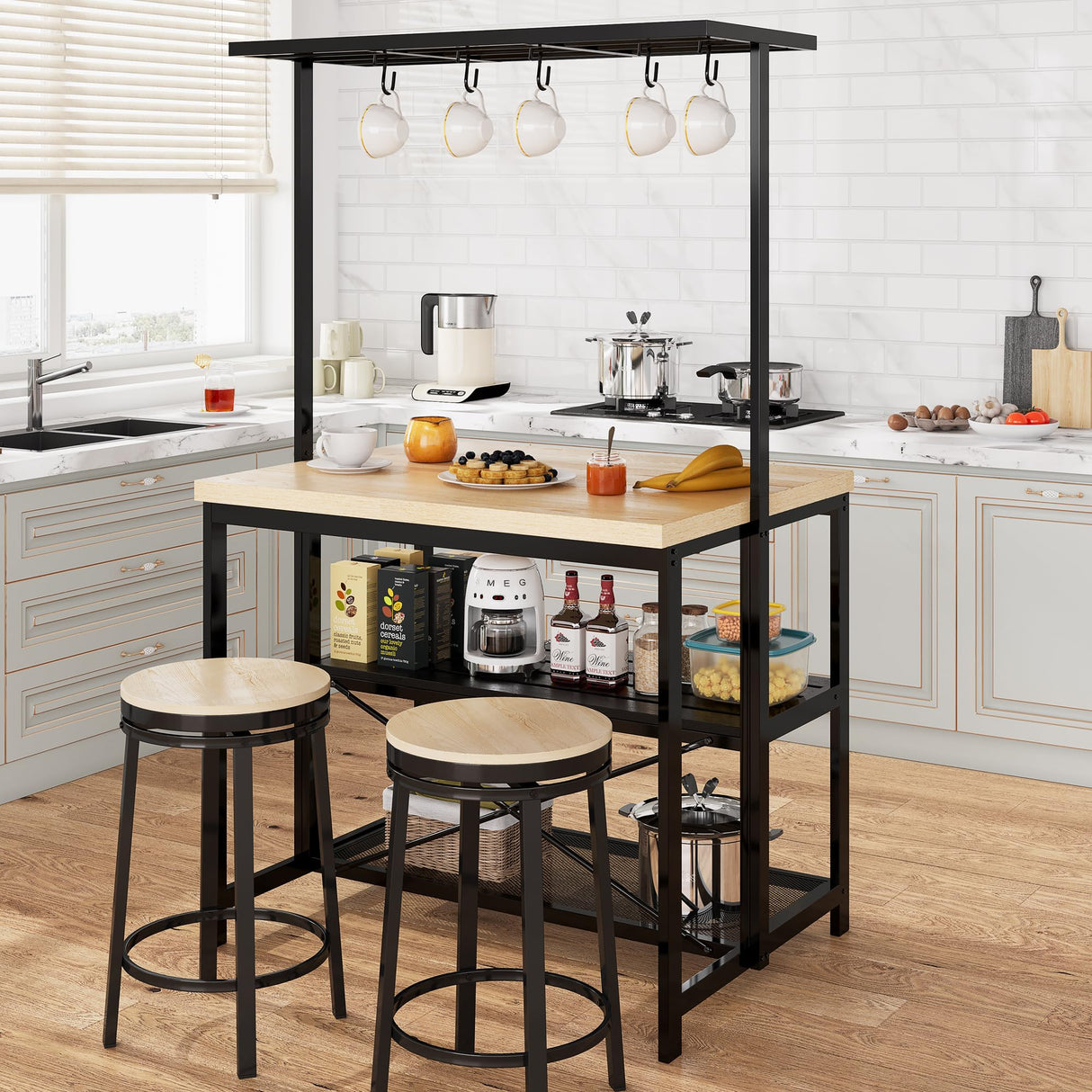 Amyove 42" Large Kitchen Island Bakers Rack Microwave Oven Stand Kitchen Shelf with 3 Tier Storage, Metal Coffee Bar Table,Kitchen Storage Shelf for Dining Living Room, 5 Hooks, 42"*28"*72" Amyove