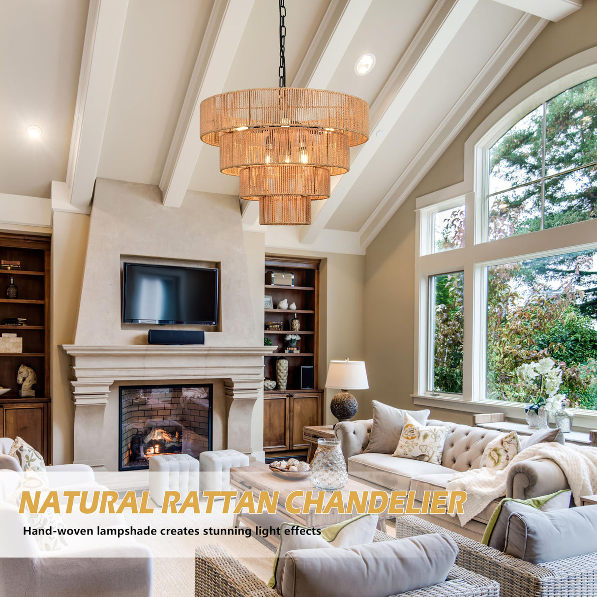 AyshwillDec 6-Light 24" Woven Boho Chandelier for Bedroom Rattan Light Fixture Wicker Pendant Light Large Rattan Pendant Light with 4-Tier Woven Shade Drum Light Fixture for Living Room Entryway AyshwillDec