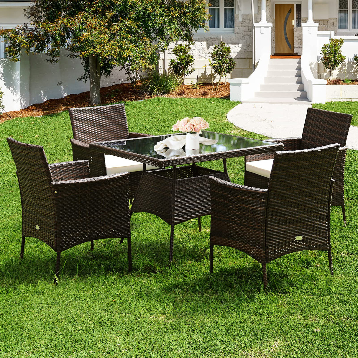 Tangkula 5 Pieces Wicker Patio Dining Set, Outdoor PE Rattan Chairs Table Set with 4 Seat Cushions, Patio Dining Furniture with Tempered Glass Tabletop, Suitable for Porch, Yard Tangkula
