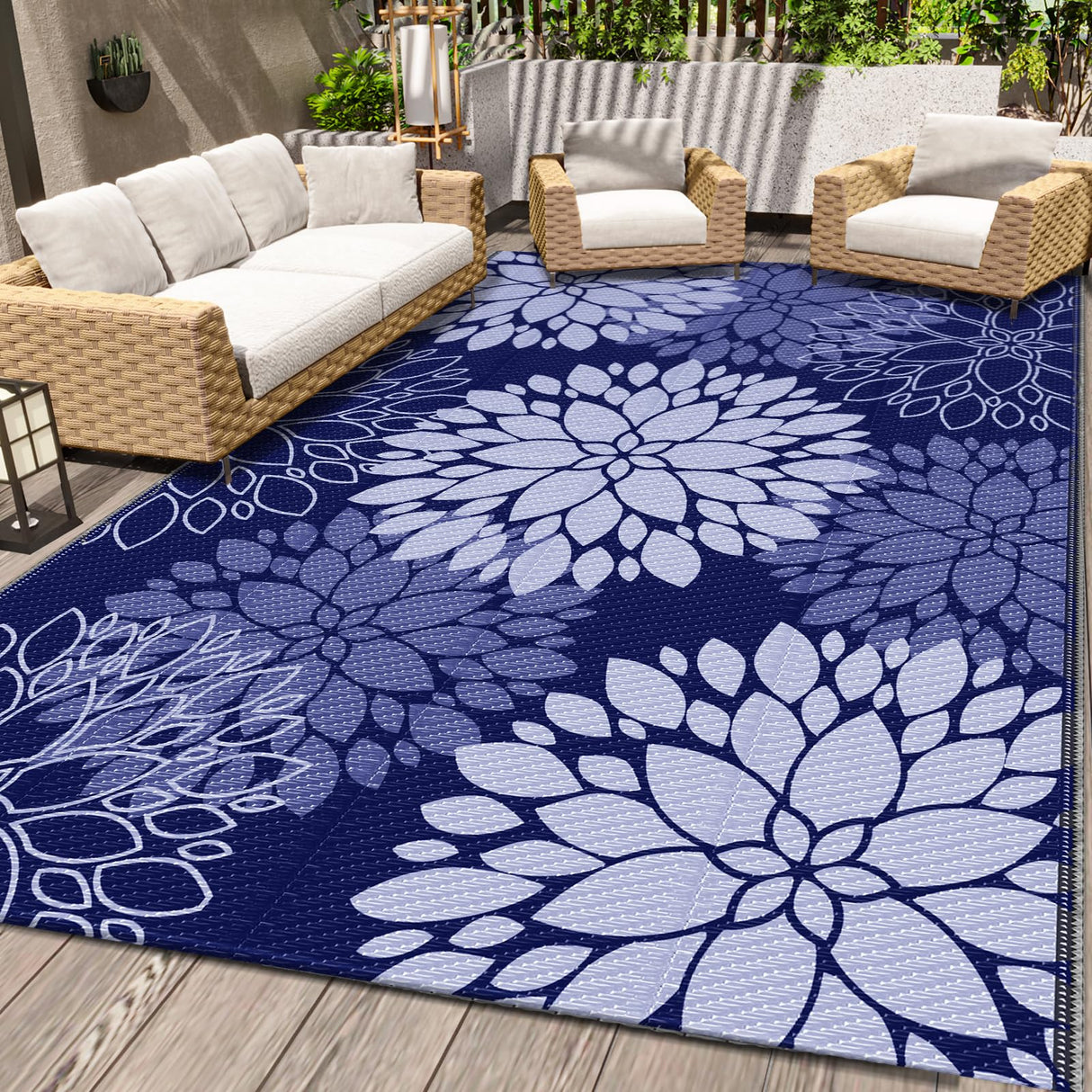 LuxStep Outdoor Rug Waterproof Outdoor Plastic Straw Rug Reversible Patio Rug Mat Outdoor Decor Large Area Mats for RV, Picnic, Backyard, Deck, Balcony, Porch, Beach, Camping, 5' x 8' Blue LuxStep