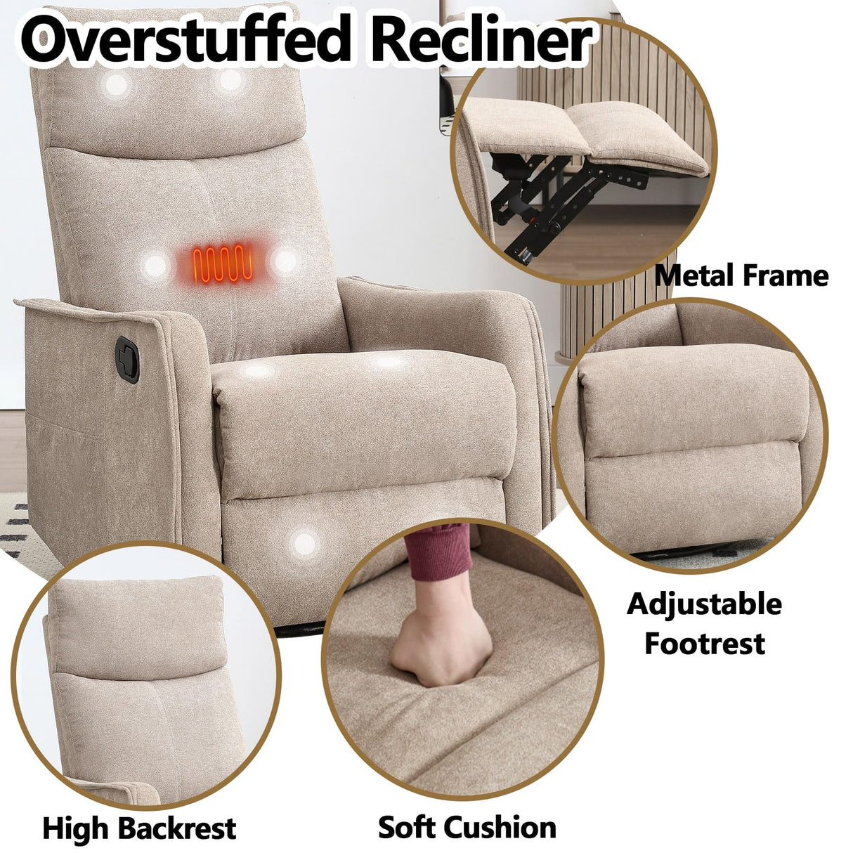 Massage Chair Recliner with Heat, Swivel Rocking Chair Recliner with High Back, Manual Lazy Boy Recliners for Adults,Small Recliner Chair for Small Spaces, Living Room Bedroom, Fabric (Khaki) Thctvous