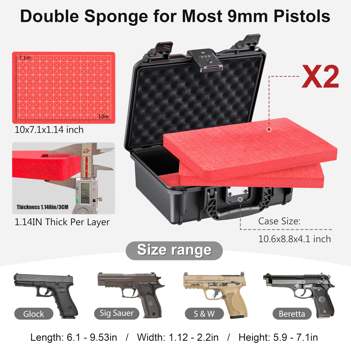 Kinghardcase Gun Safe Case for Pistol, TSA Combination Lockable Pistol Case Hard Shell Waterproof & Shock Proof, 10.6”*8.8”*4” Gun Lock Box for Travel Gun Case 9mm Kinghardcase