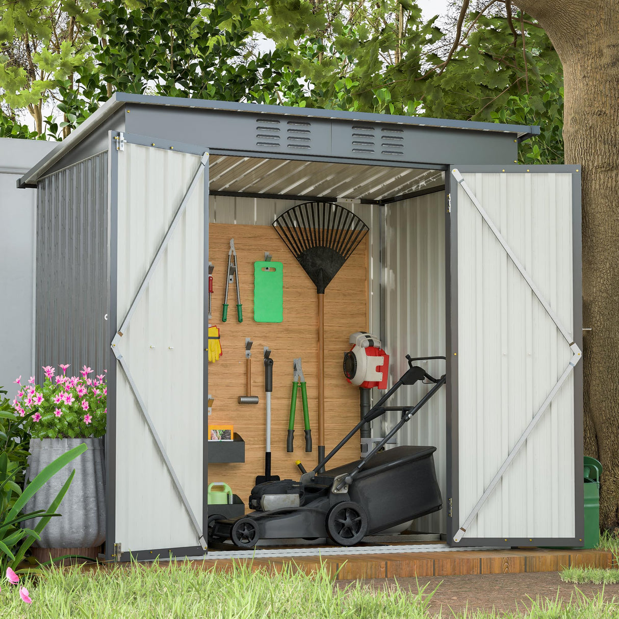 6x4 FT Outdoor Metal Storage Shed with Frame Floor & Sloping Roof, Lockable Double Door, Weatherproof Steel Garden Shed for Tools, Lawn Equipment & Patio Supplies Mulinsonfly