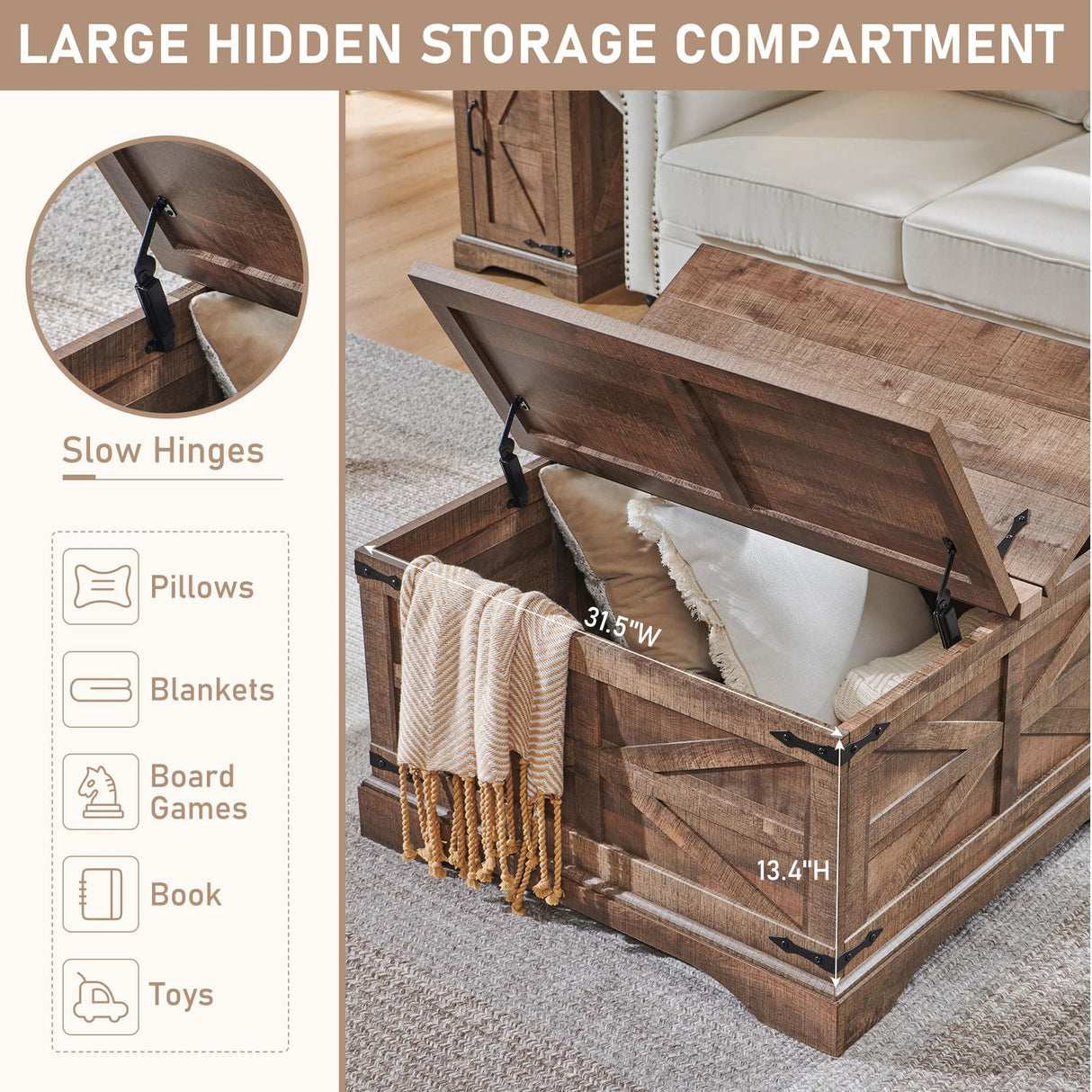 JXQTLINGMU Farmhouse Coffee Table, Square Wood Center Table with Large Hidden Storage Compartment for Living Room, Rustic Cocktail Table with Hinged Lift Top for Home, Light Brown JXQTLINGMU