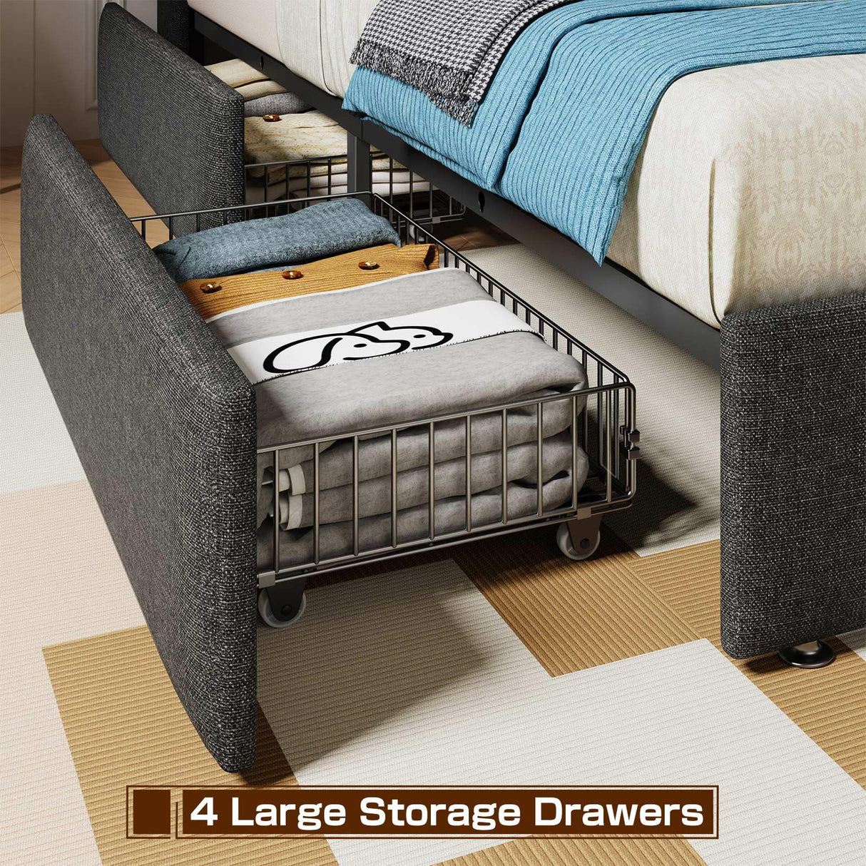 Driftalia LED King Size Bed Frame with 4 Storage Drawers, Upholstered King Bed Frame with 2-Tier Headboard and Charging Station, No Box Spring Needed, Easy to Assembly - Dark Grey Driftalia