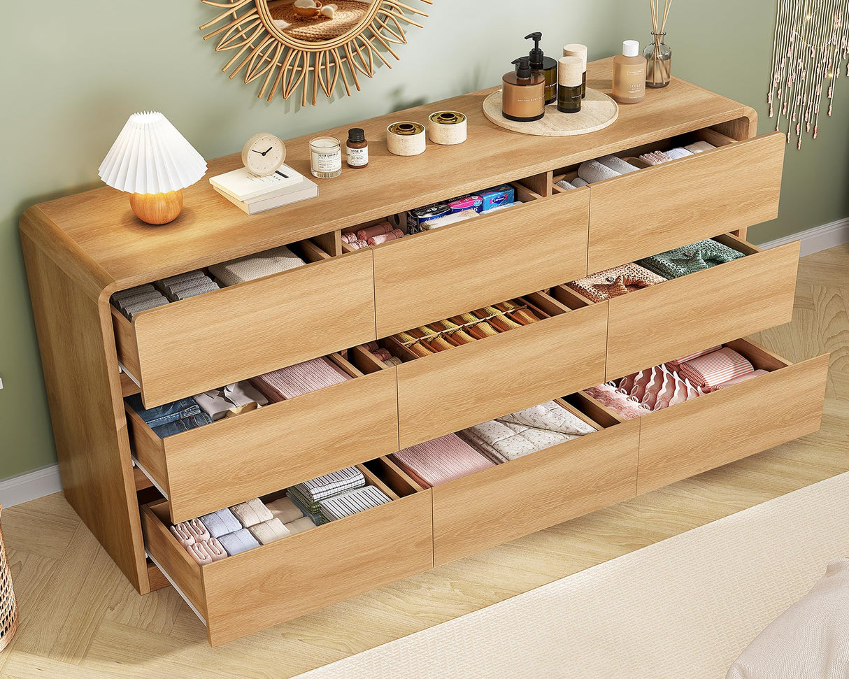 TEENFON 9 Drawer Dresser for Bedroom, 63" Wide Dressers & Chest of Drawers with Curved Profile Design, Wood Closet Storage Dressers Organizer for Bedroom, Living Room, Natural TEENFON