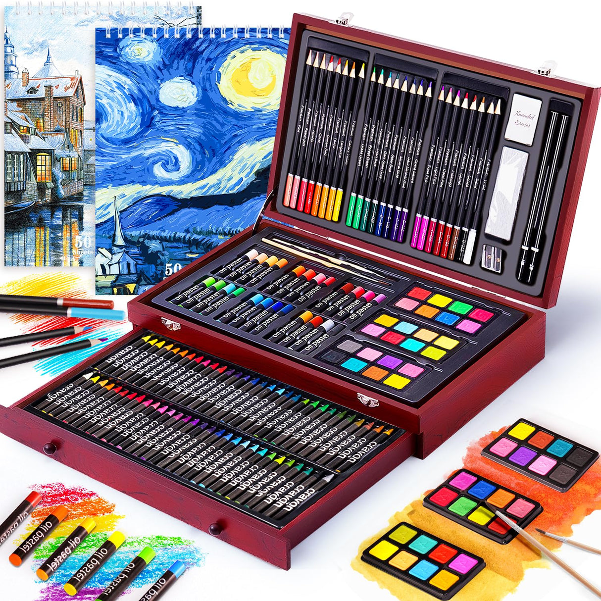 145 Piece Deluxe Art Set with 2 x 50 Sheet Drawing Pad, Art Supplies Wooden Art Box, Drawing Painting Kit with Crayons, Oil Pastels, Colored Pencils, Creative Gift Box for Adults Artist Beginners COOL BANK