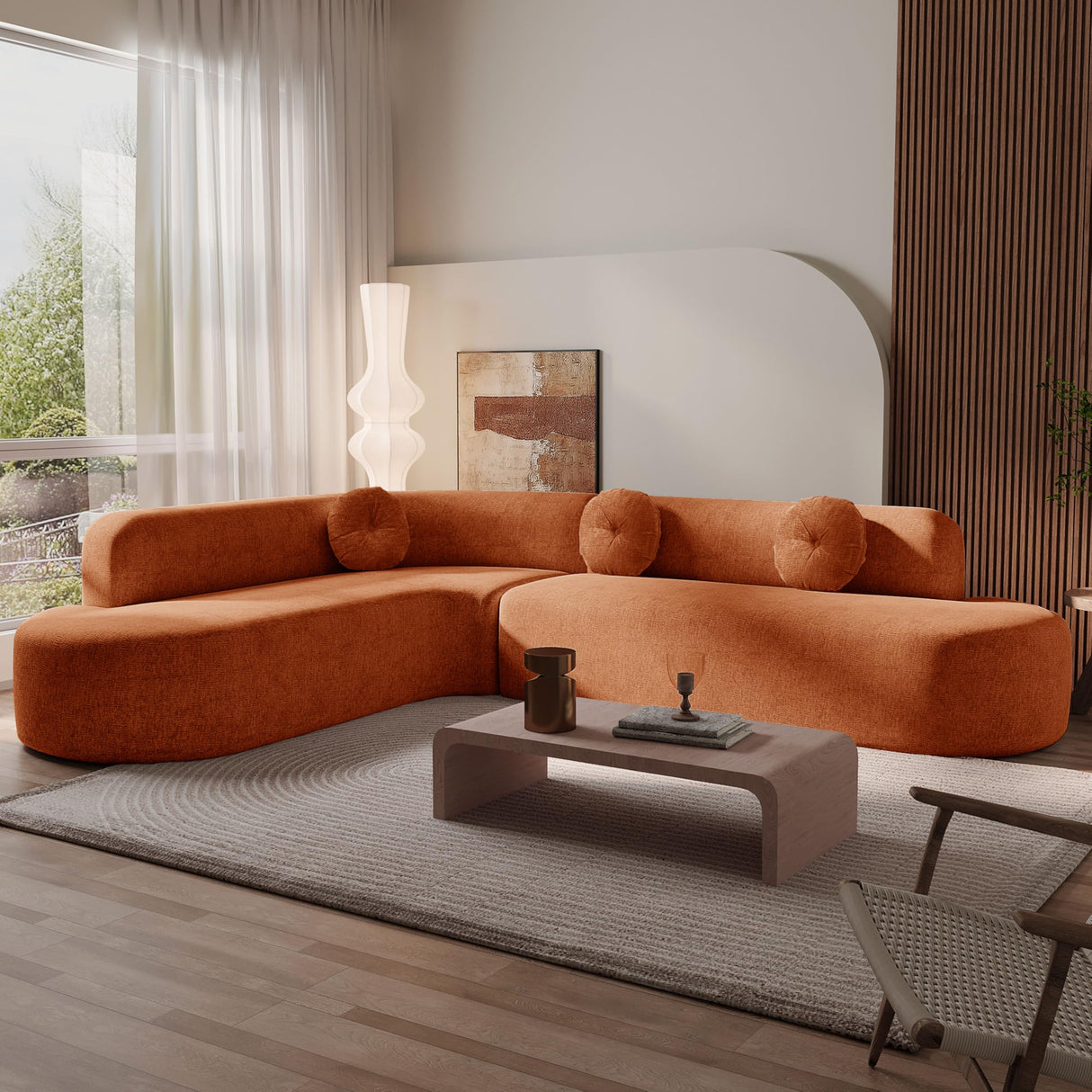 122'' Curved Sectional Cloud Sofa, Modern L Shaped Couch with Chaise & Pillows, Comfy Upholstered Deep Seat Compression Boneless Sofa for Living Room, Apatment, Office, No Assembly Required, Orange SLEERWAY