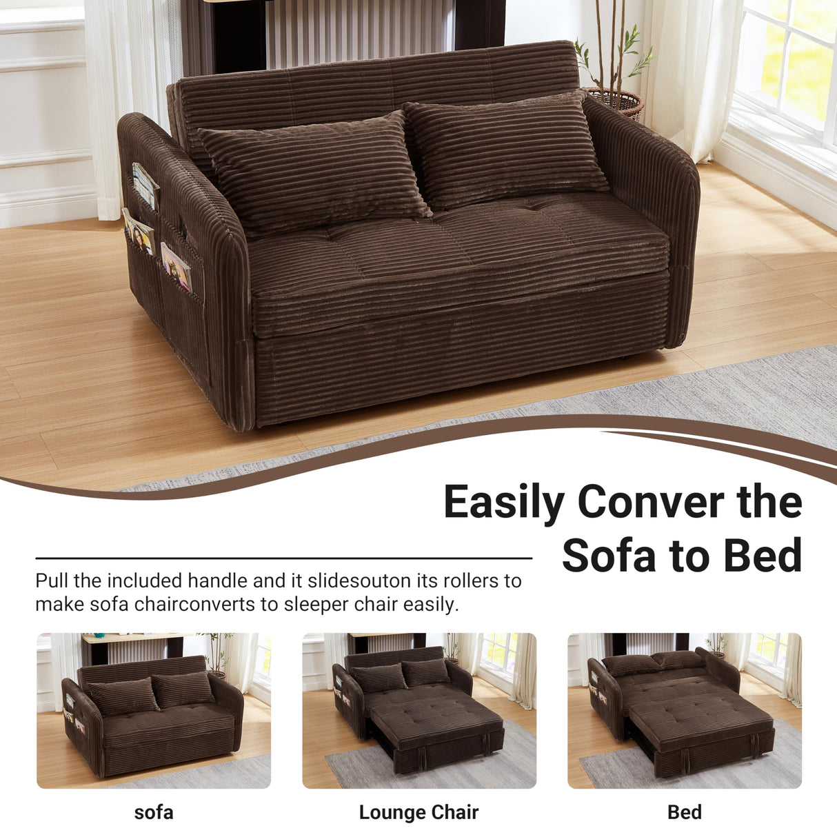 N NOORDENIYA 55.5" Corduroy Convertible Sofa Bed, Pull Out Sleeper Sofa Bed, Loveseat Couch with USB Charging Ports, 3 in 1 Convertible Sleeper Sofa Bed for Living Room, Apartment, Bedroom, RV, Brown N NOORDENIYA
