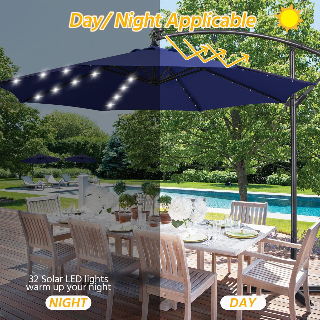 Yaheetech 10FT Solar Offset Umbrella with 32 LED Lights Cantilever Hanging Outdoor Umbrellas Handy Crank & Cross Base for Lawn/Deck/Backyard/Pool Navy Blue Yaheetech
