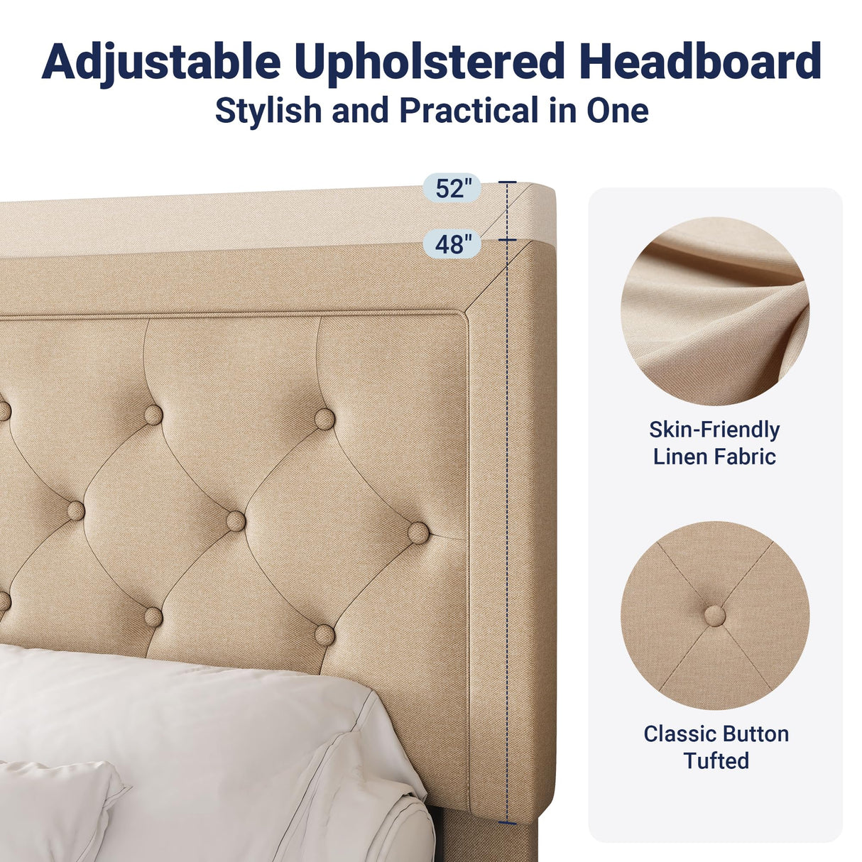 Allewie Queen Size Button Tufted/Fabric Upholstered Bed Frame with Adjustable Headboard/Wood Slat Support/Mattress Foundation/Beige Allewie