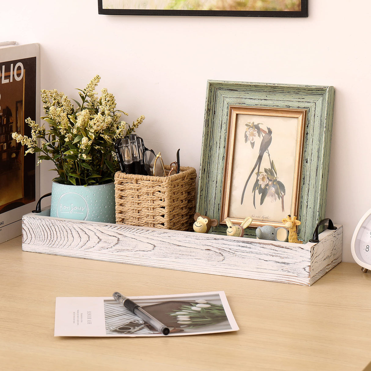 Rustic Wooden Serving Trays Rectangular with Handle,Ottoman Tray for Living Room 16 Inch Long for Serving Wine(whitewashed) SWT8CAI