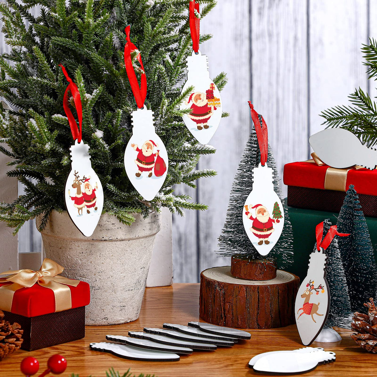 Jetec 20 Pcs Light Bulb Sublimation Ornament Blank MDF Double Sided Christmas Sublimation Christmas Hanging Ornaments with Red Rope for Christmas Crafts DIY Decoration Jetec