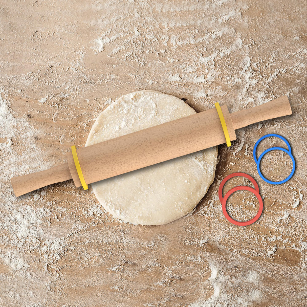 Mepple Classic Wooden Rolling Pin with Handle and Pastry Mat for Fondant, Pizza, Pies, Cookies, Rolling Pin for Baking with 3 Multi-Color Thickness Rings, 17" x 2.5" Natural Beechwood Rolling Pin Mepple