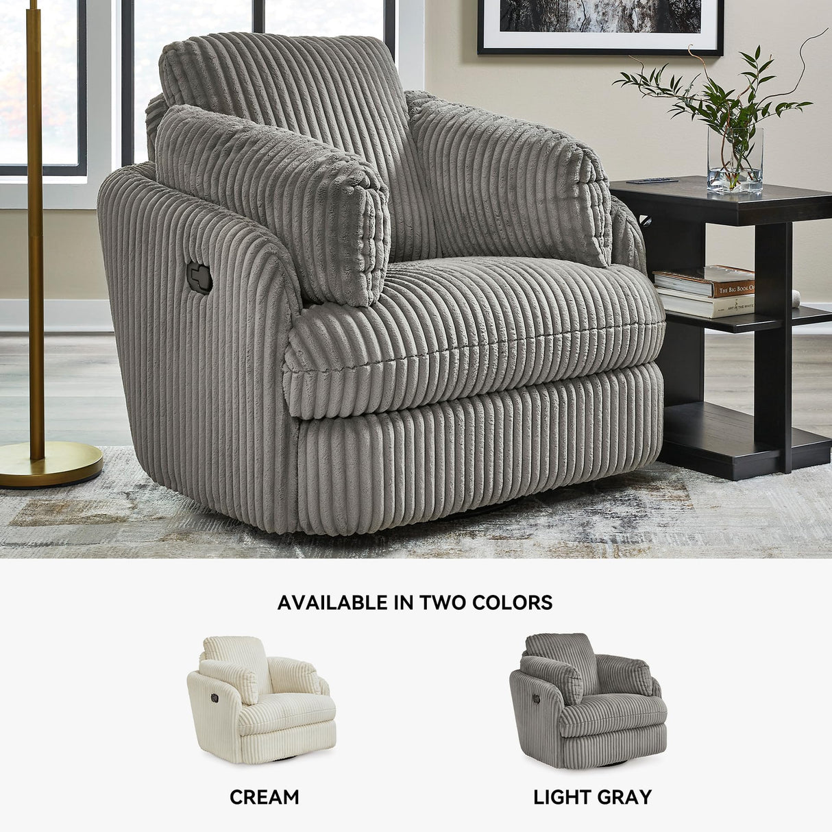 Signature Design by Ashley Tie-Breaker Casual Manual Press-Back Swivel Glider Rocker Recliner with 2 Bolster Pillows and Hidden Storage, Light Gray Signature Design by Ashley