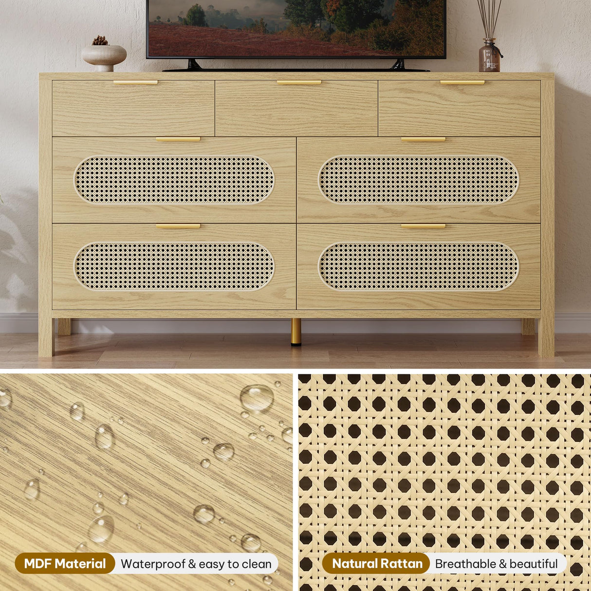 DWVO Natural Rattan 7 Drawer Dressers - Oak Wooden Dresser Chest of Drawers with Golden Handles - Modern Large Closet Boho Dressers Storage Cabinet for Living Room/Hallway/Entryway DWVO