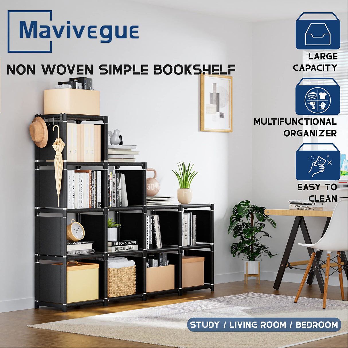 Mavivegue Book Shelf, 12 Cube Storage Organizer, DIY Bookcase, Metal Bookshelf,Tall Book case for Bedroom, Living Room,Office,Closet, Black Cubicle Rack Mavivegue