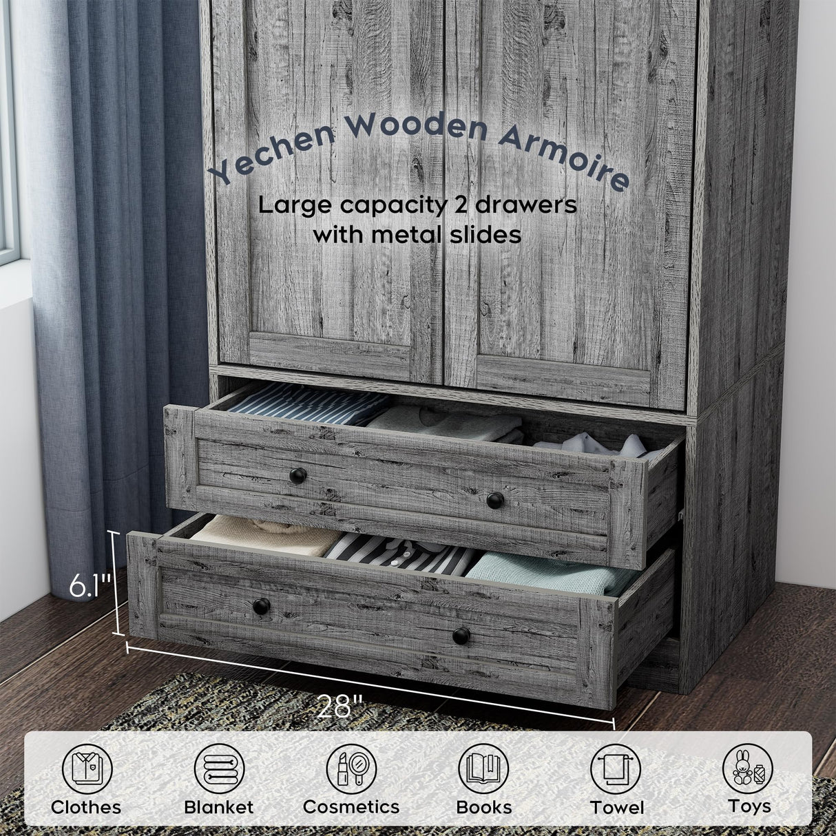 Yechen 71" Wooden Armoire Wardrobe Closet - Modern Functional Clothes Tall Storage Cabinet with Adjustable Shelf and Hanging Rail, Sturdy Freestanding Closet Wardrobe with 2 Wide Drawers for Bedroom Yechen