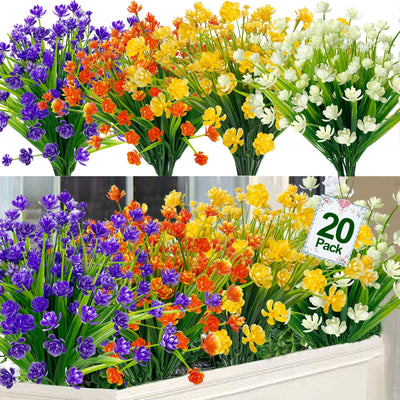 TURNMEON 20 Bundles Artificial Flowers for Outdoors Fake Plants Spring Summer Decor, UV Resistant Artificial Plants Cemetery Fake Flowers Faux Plastic Greenery Shrub for Home Porch Decor(Mix Colors)