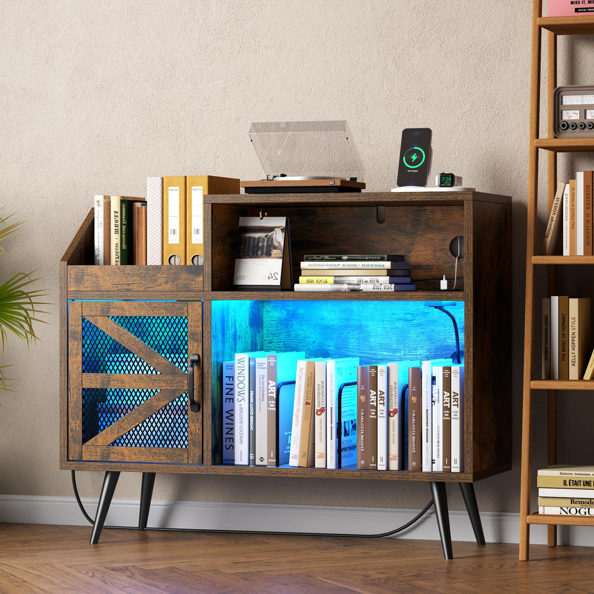 Gyfimoie Record Player Stand Holds Up to 350 Albums, Turntable Stand with LED Light, Records Storage Cabinet with Power Outlet, Record Player Table with Vinyl Storage(Brown) Gyfimoie