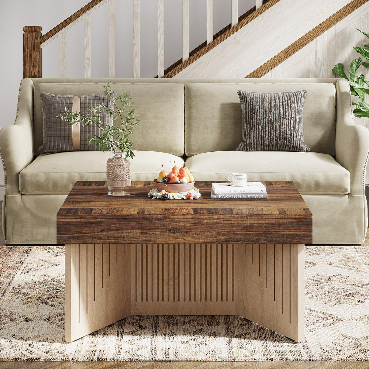 Tribesigns 35.4" Coffee Table, Square Wood Coffee Table, Farmhouse Coffee Table Center with Engraved Lines Design, Coffee Table for Living Room Tribesigns