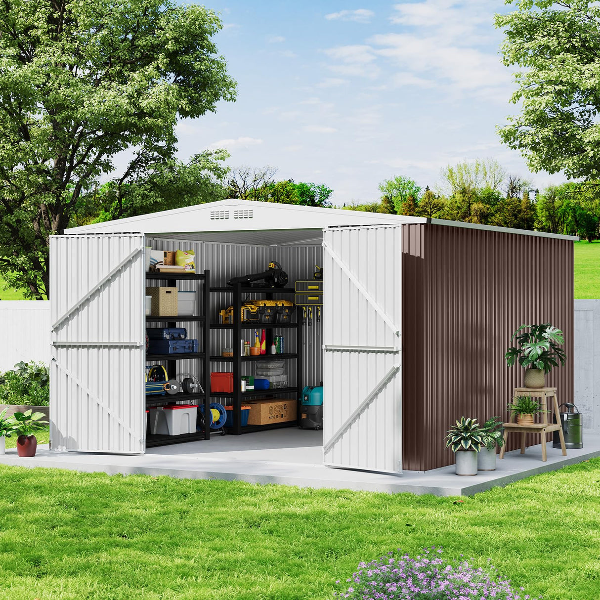 GarveeLife 10x10 Shed for Outdoor Storage, Galvanized Steel Metal Tool Sheds House with Lockable Doors, Lock & Air Vent, Large Utility Sheds for Patio Garden Lawn, Brown GarveeLife