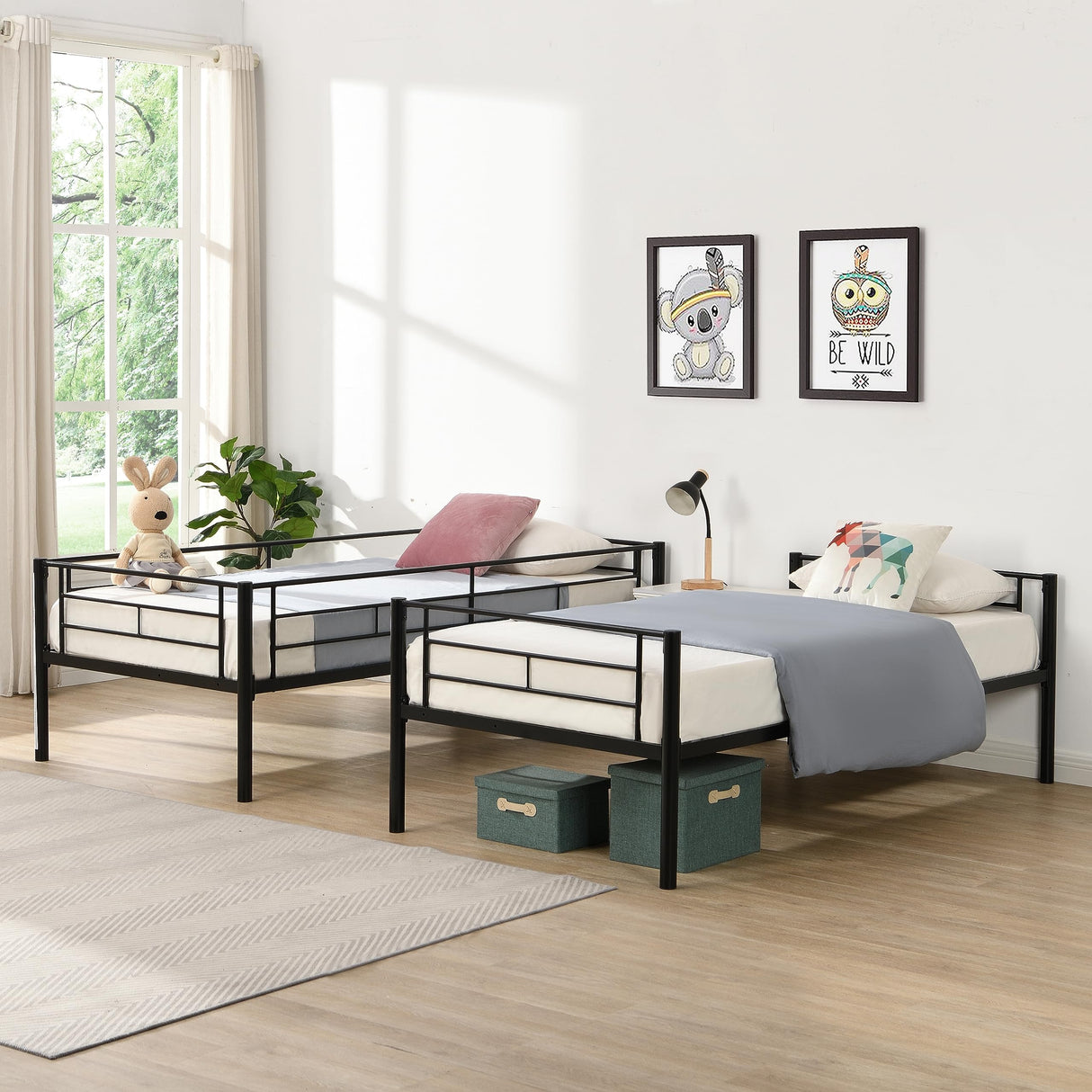 HomJoones Twin Over Twin Metal Bunk Bed with Trundle Heavy Duty Twin Size Metal Bunk Beds Frame with 2 Side Ladders Convertible Bunkbed with Safety Guard Rails,No Box Spring Needed HomJoones