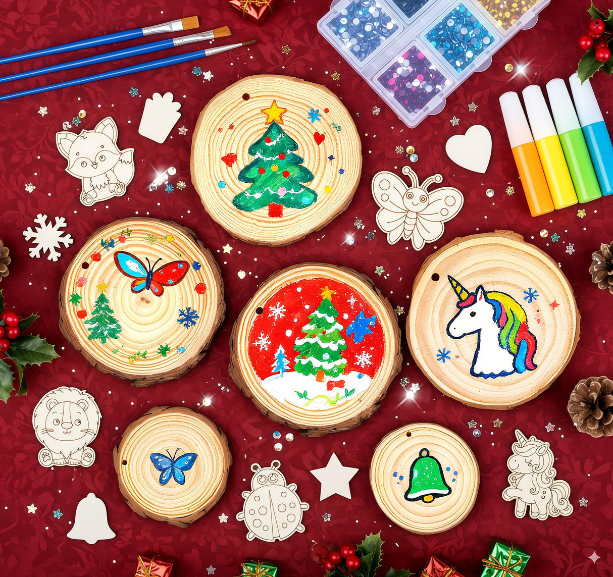 Timburst Wooden Crafts to Paint-Glow in The Dark, 20 Pcs Wood Slices, Wooden Painting Crafts for Kids, Kids Activities Creative Art Set for Birthday Christmas Timburst