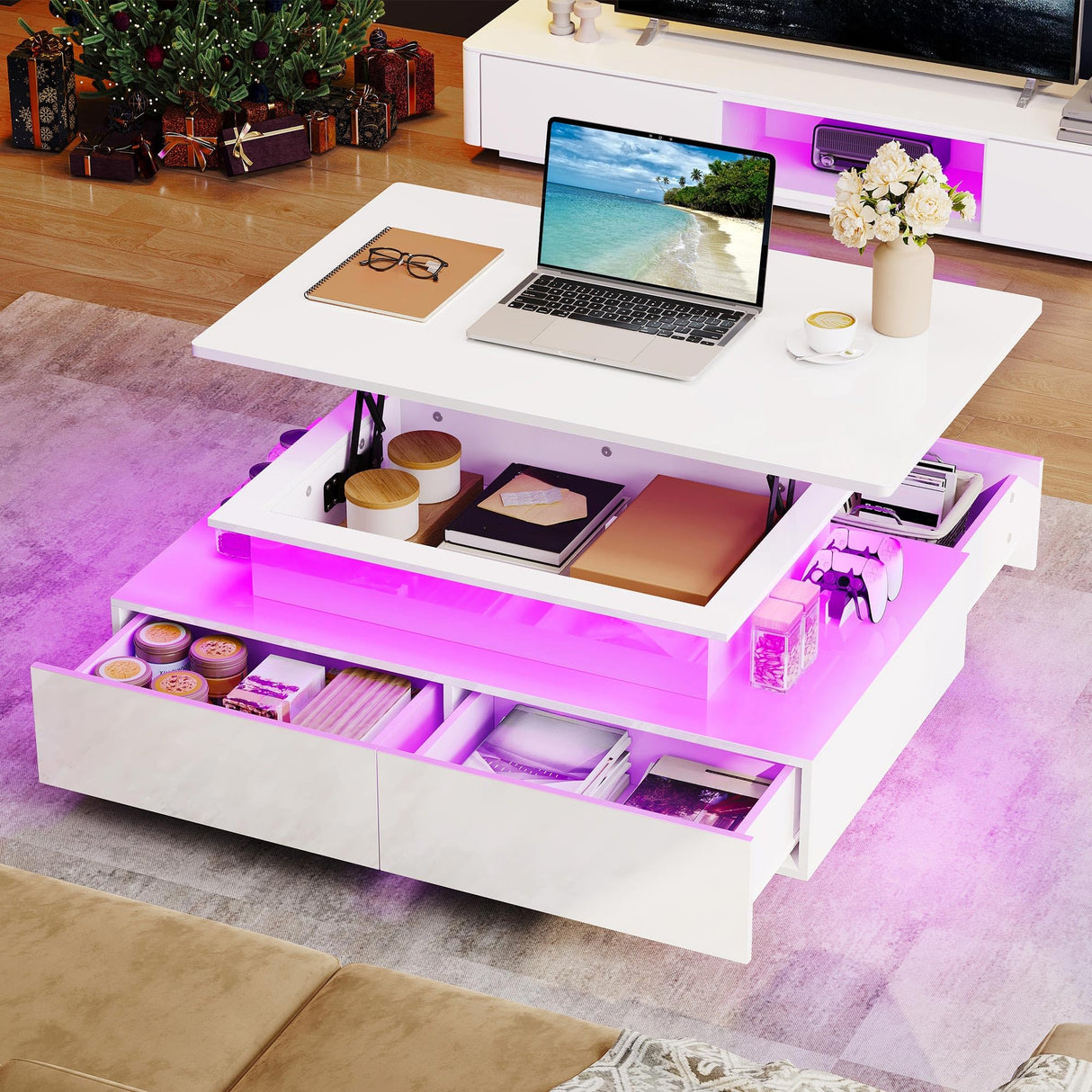 YITAHOME LED Lift Top Coffee Tables for Living Room, High Glossy Coffee Table with Storages 4 Spacious Drawers, Modern Rectangle Coffee Tables Small Center Table for Home Office, Glossy White YITAHOME