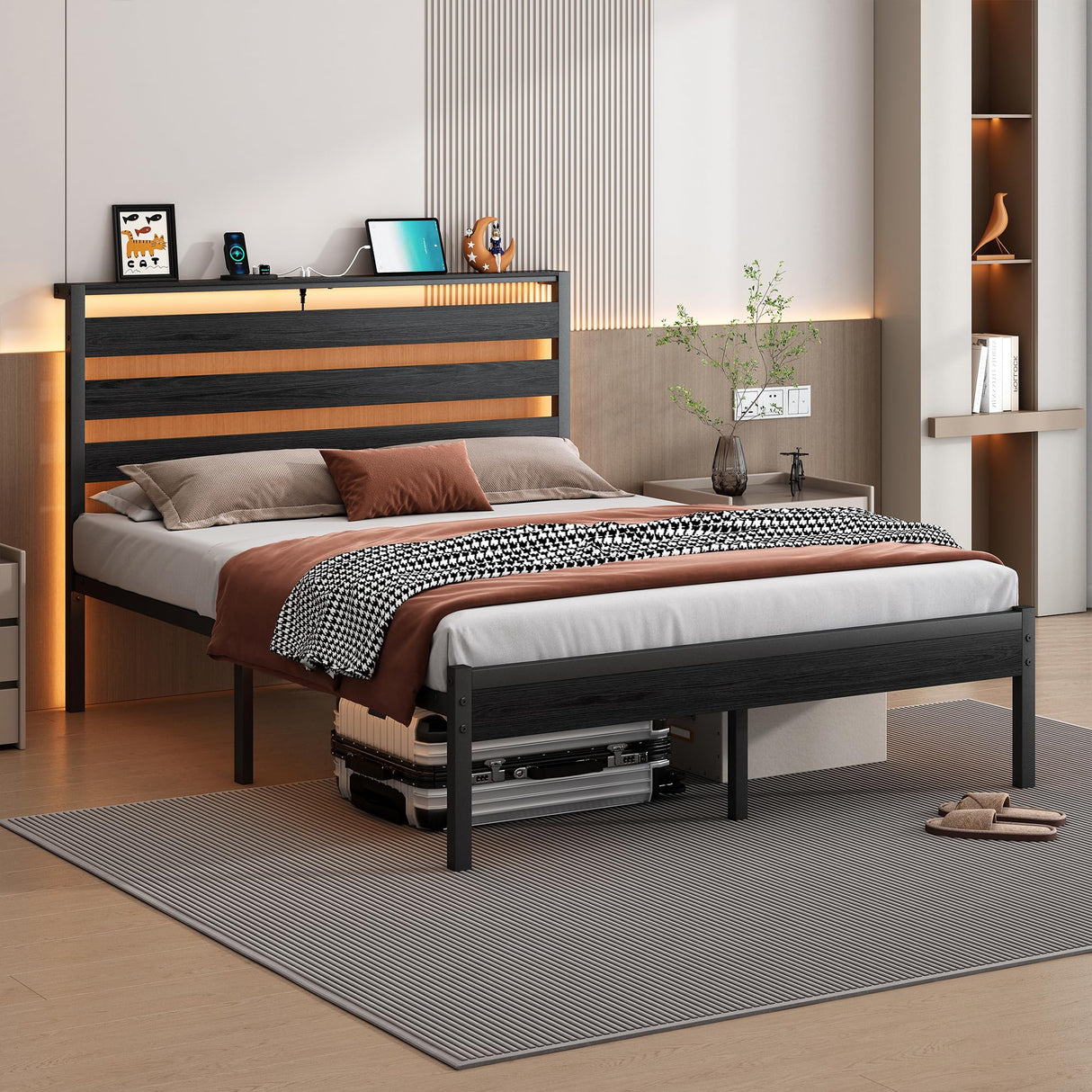 CLIBFENG 14 Inch Classic Metal Platform Bed Frame-Full Size Bed Frame with Headboard,Steel Slats Support-LED Bed Frame with USB Charging Station,Under Bed Storage,No Box Spring Needed,Noise Free CLIBFENG
