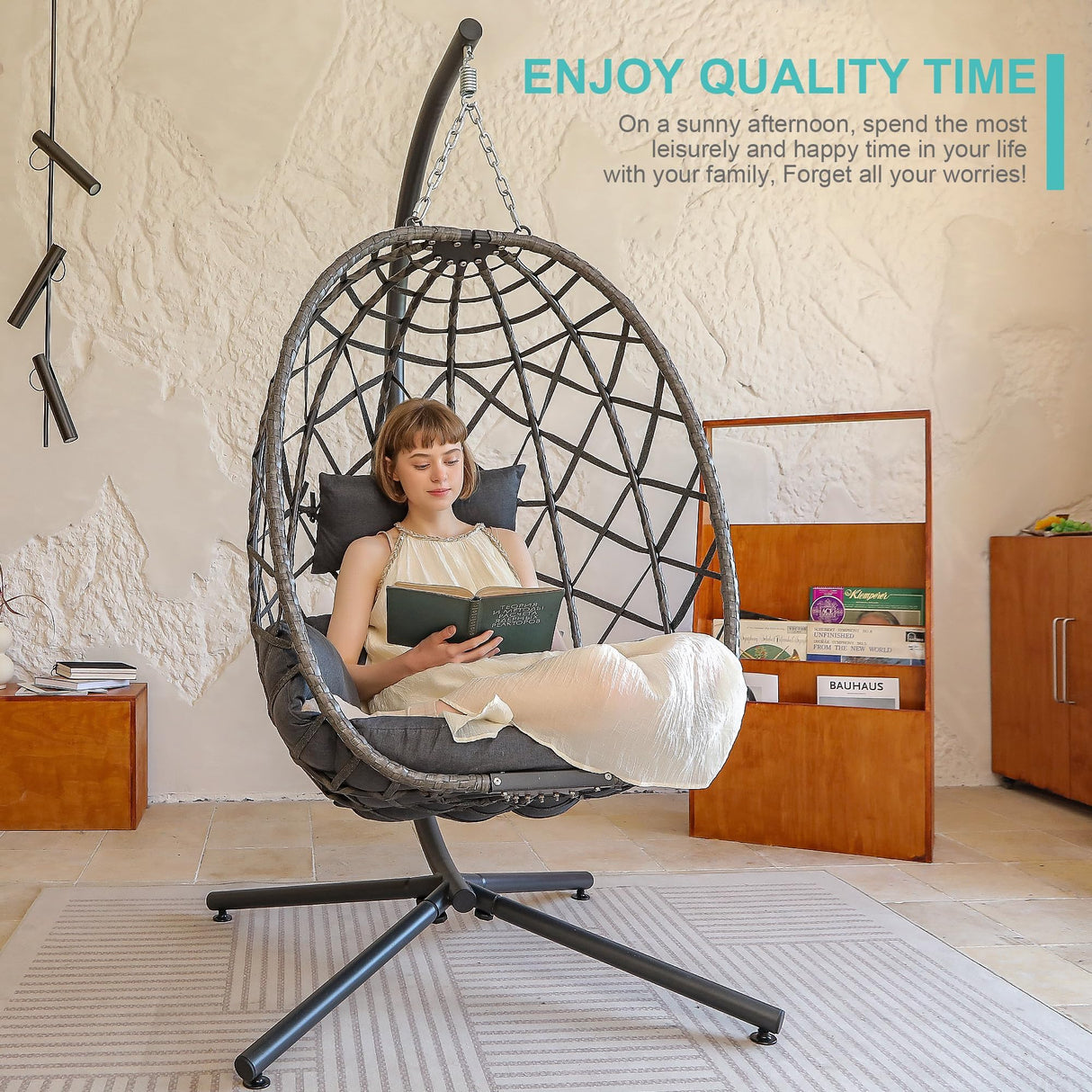 SWITTE Egg Swing Chair with Stand, Outdoor Patio Hanging Egg Chair, Indoor Hammock Chair with Cushion for Garden Backyard, 350LBS Capacity-Dark Grey SWITTE