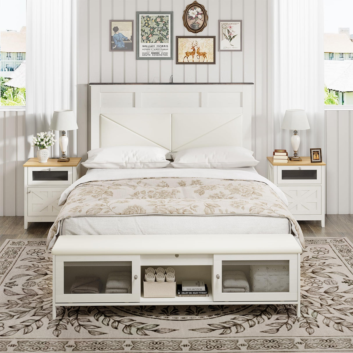 Halitaa Farmhouse Full Bed Frame with Storage, Full Size Bed Frame with 51" Tall Headboard & Charging Station,Wood Platform Bedframe with Led Lights & Storage Bench, No Box Spring Needed,White Halitaa