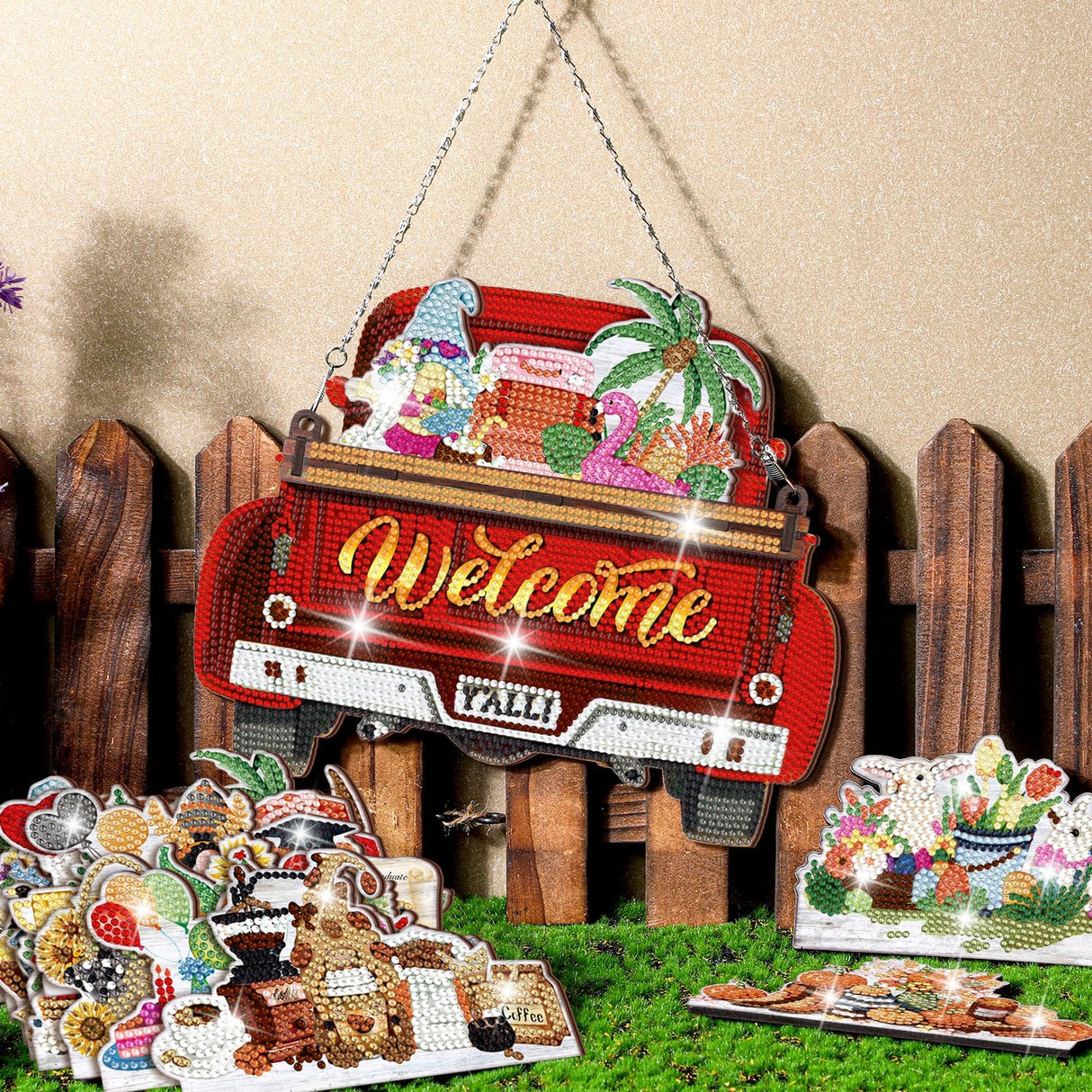 Burbell 21 Pcs Interchangeable Diamond Painting Welcome Sign for Front Door Diamond Painting Truck Decor Interchangeable Seasonal Welcome Sign for DIY Art Kit Wall Window Door Farmhouse(Red) Burbell