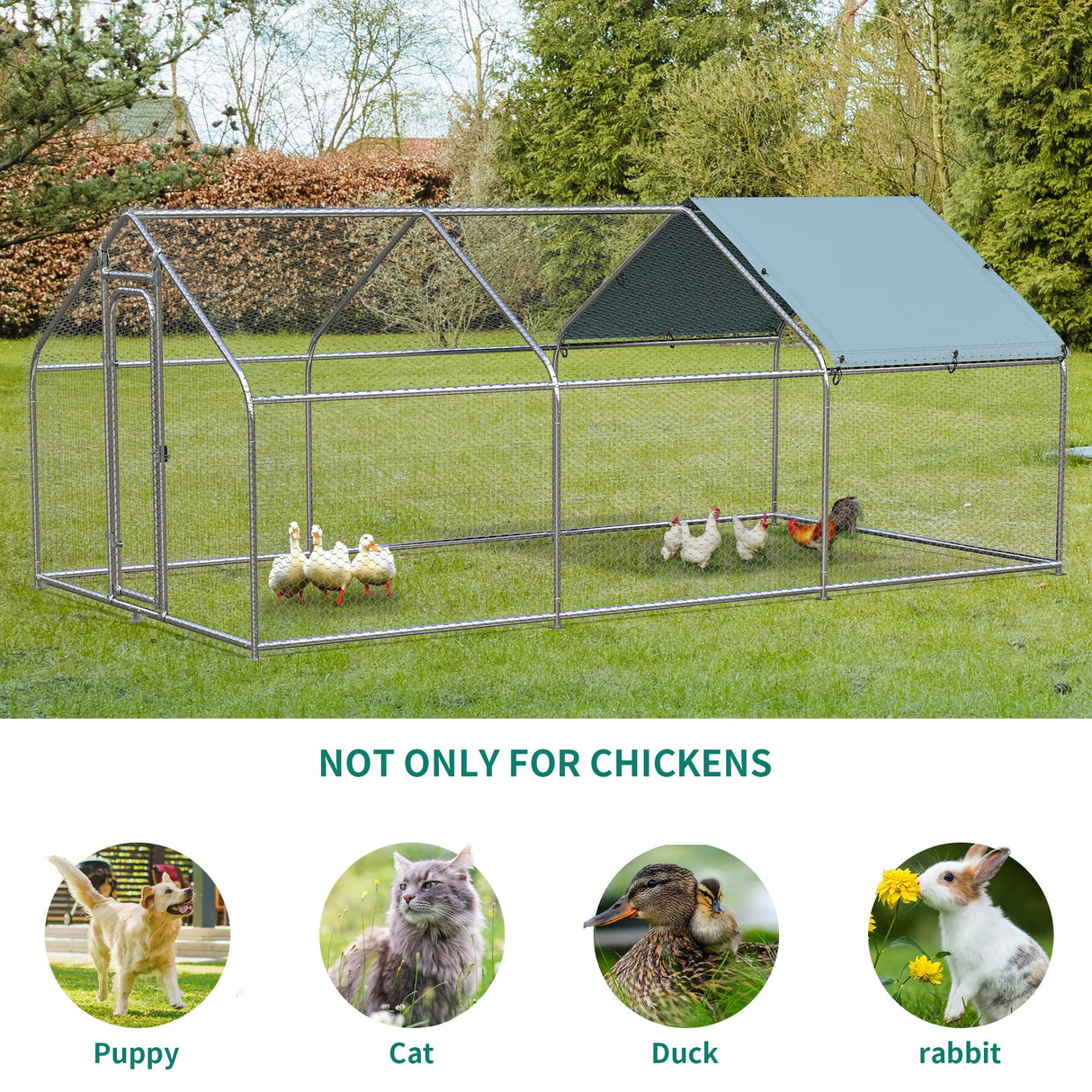 DWVO Large Metal Chicken Coop with Top Cover, 19.7'Lx9.8'Wx6.4'H Large Poultry Cage with Run, Chicken Run House Duck Cage Rabbits Coop for Outdoor Yard Farm DWVO